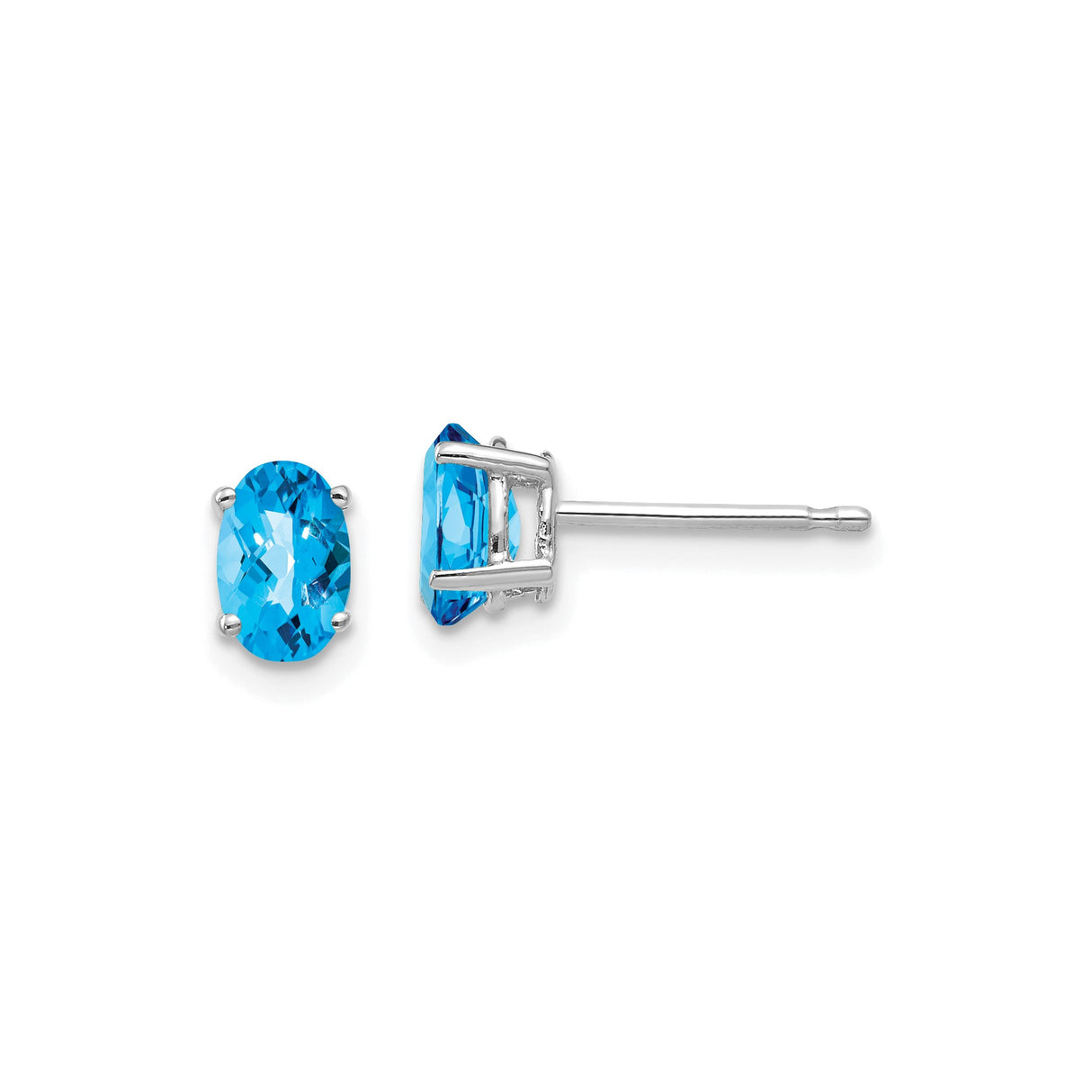 14k White Gold Oval Blue Topaz Stud Earrings, Faceted Gemstone in Four Prong Setting