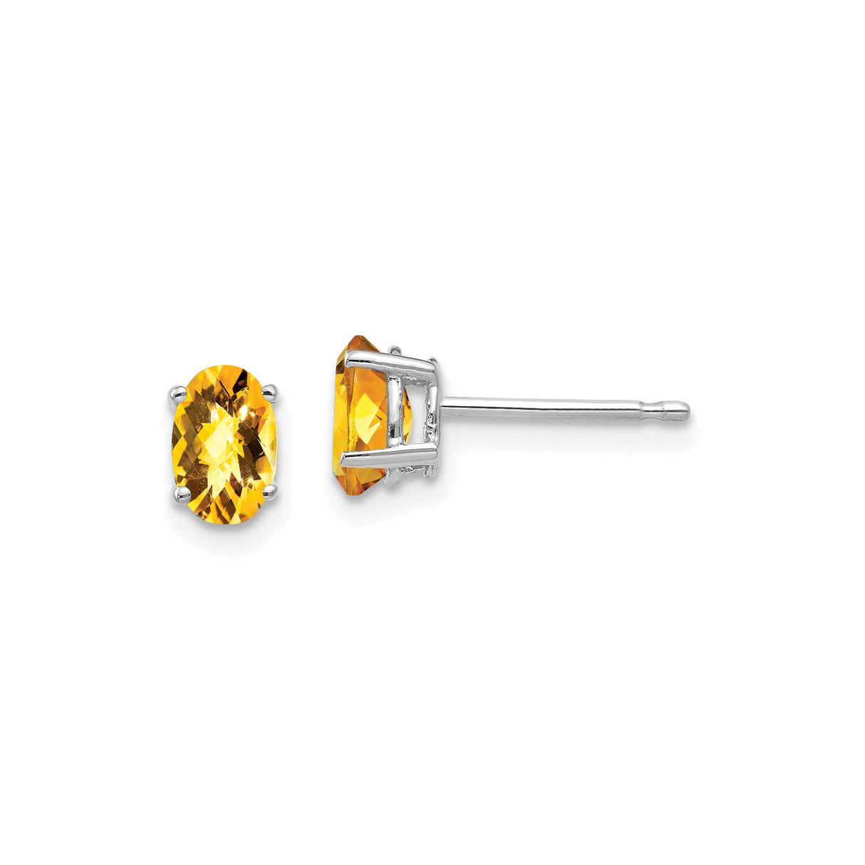 14k White Gold Citrine Stud Earrings, Oval Faceted Gemstones, Four Prong Setting