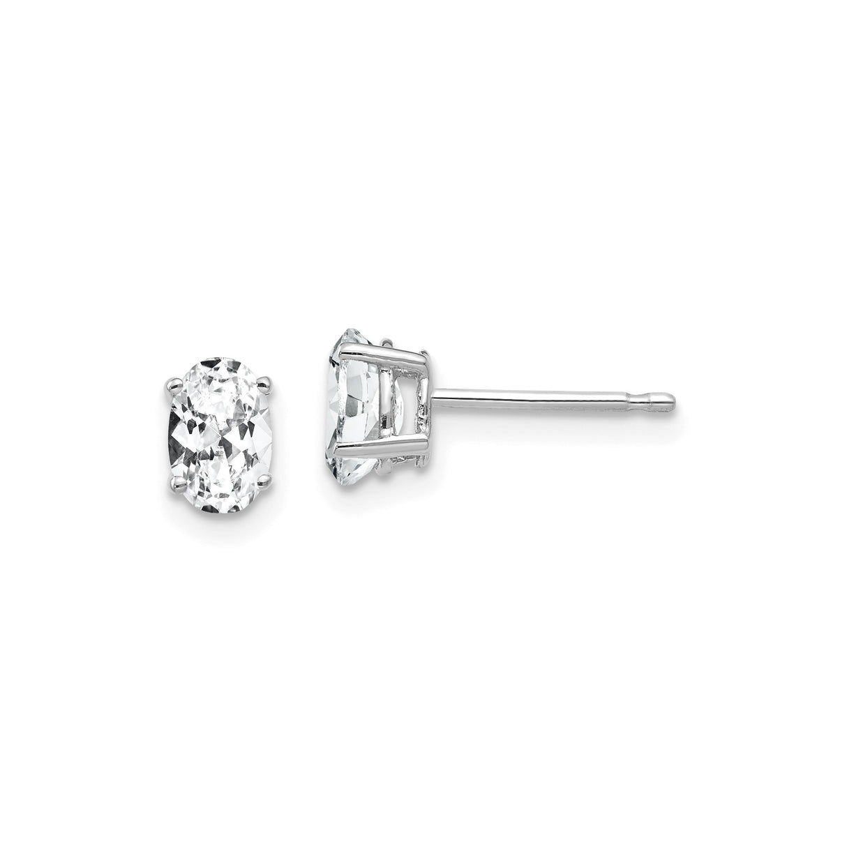 14k White Gold Stud Earrings with Cubic Zirconia, Oval Four Prong Setting, Minimalist Style