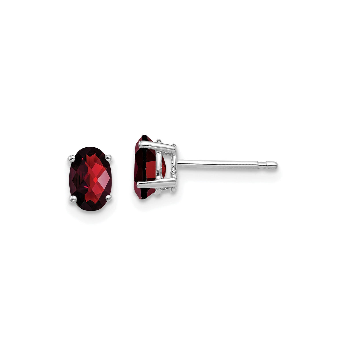 14k White Gold Garnet Stud Earrings, Oval Deep Red Gemstone in Four Prong Setting