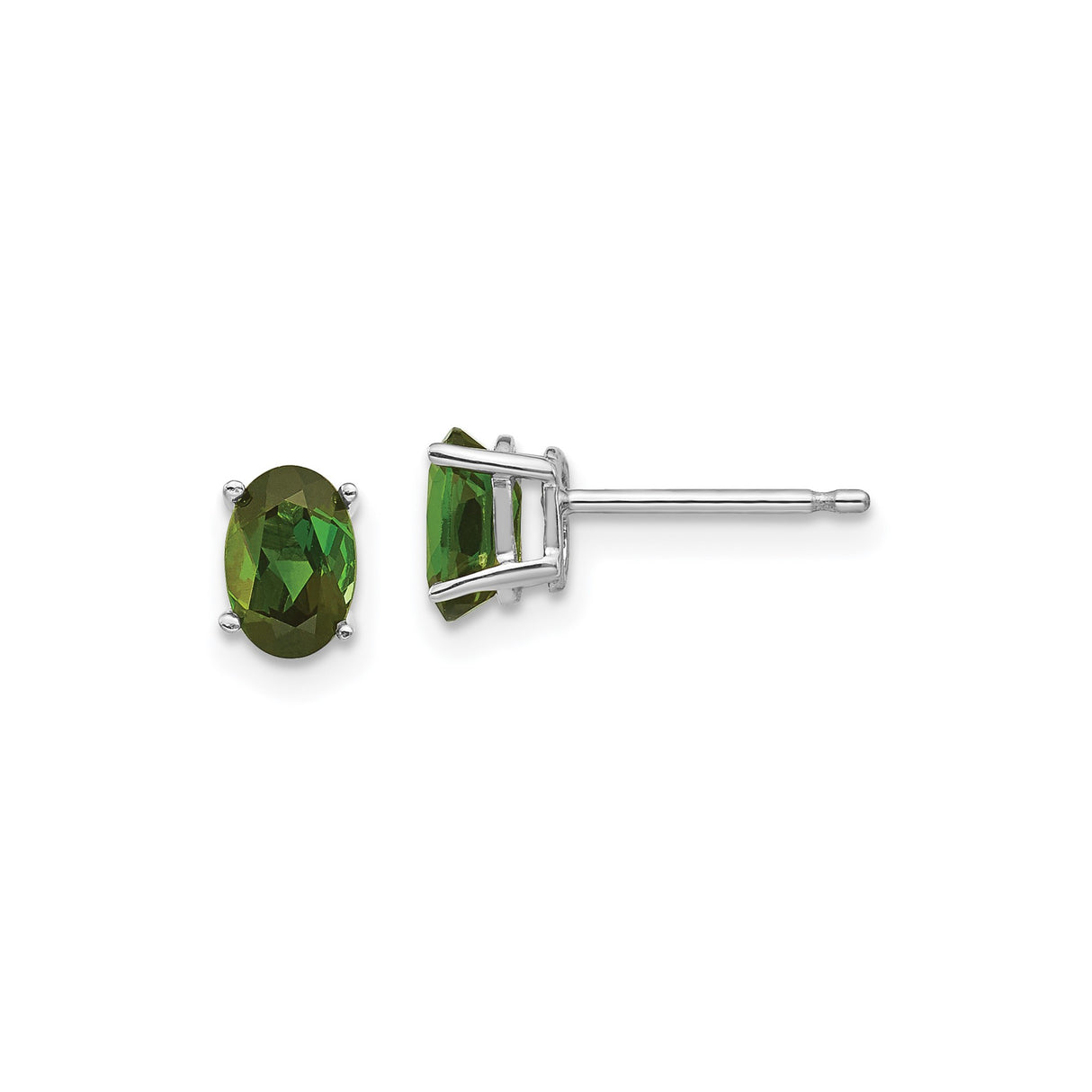 14k White Gold Stud Earrings with Green Tourmaline Oval Cut Four Prong Setting