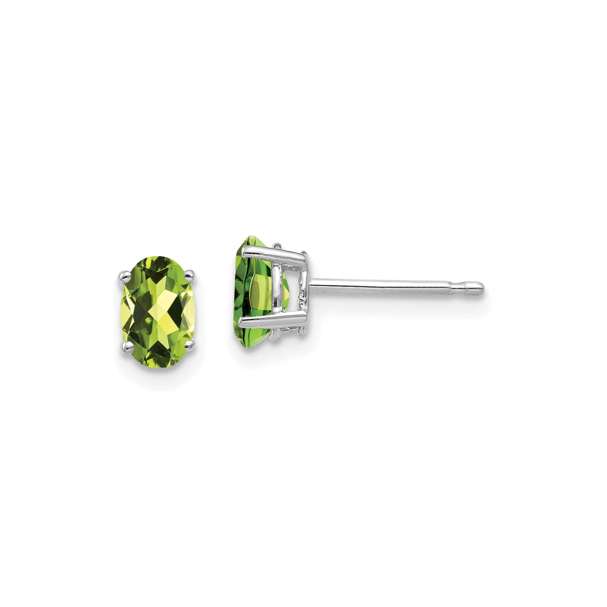 14k White Gold Peridot Stud Earrings, Oval Green Gemstone with Classic Four-Prong Setting