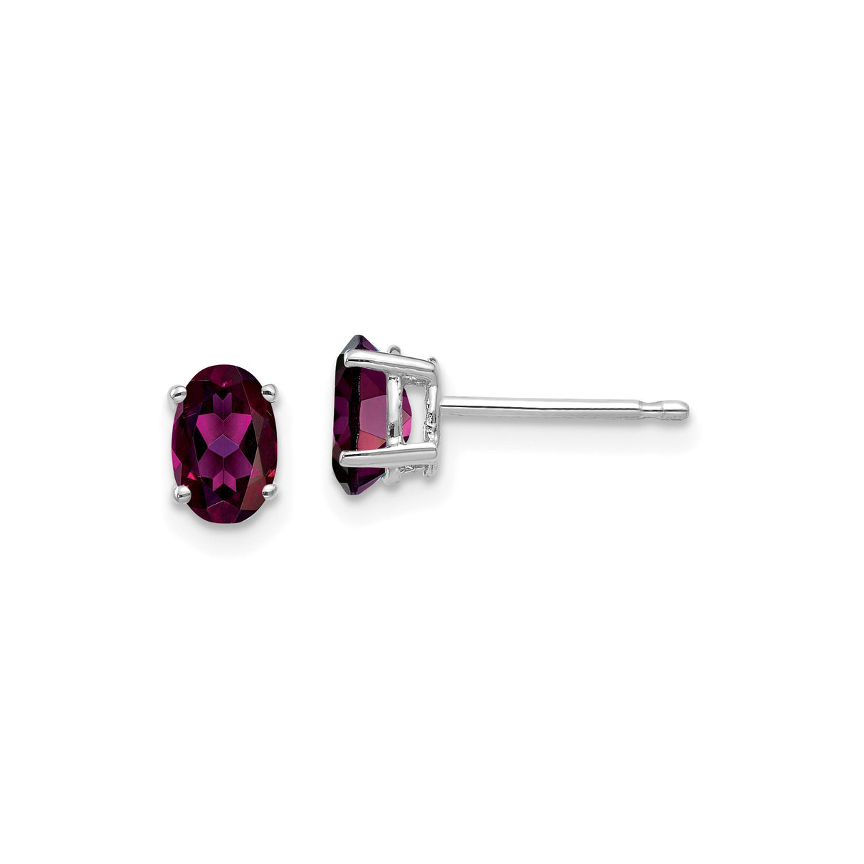 14k White Gold Stud Earrings with Oval Rhodolite Garnet, Classic Prong Setting for Women