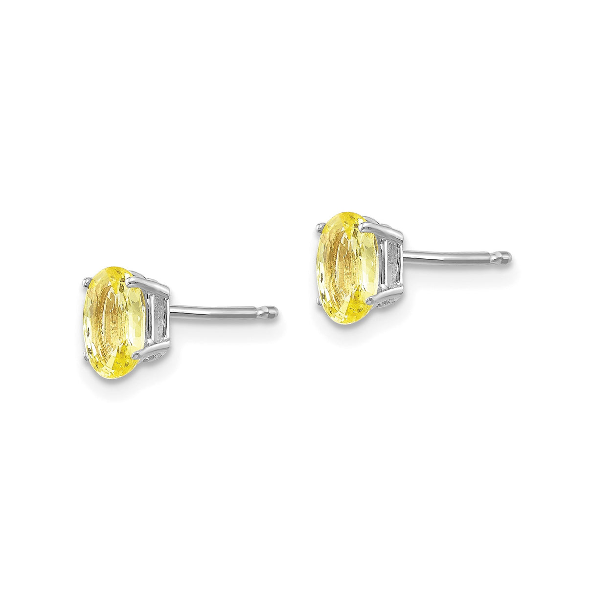14k White Gold Stud Earrings with Oval Yellow Sapphire, Classic Four Prong Setting