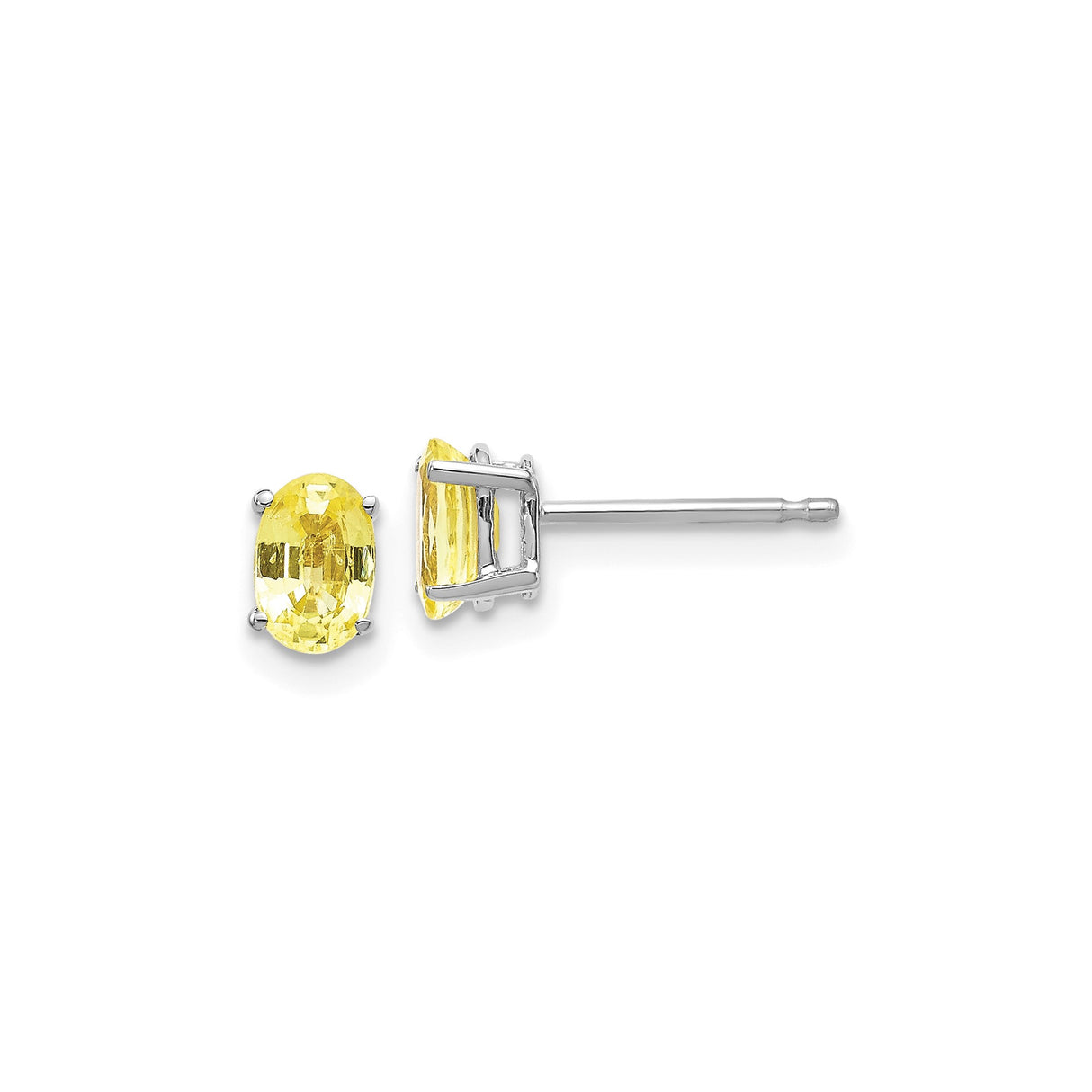 14k White Gold Stud Earrings with Oval Yellow Sapphire, Classic Four Prong Setting