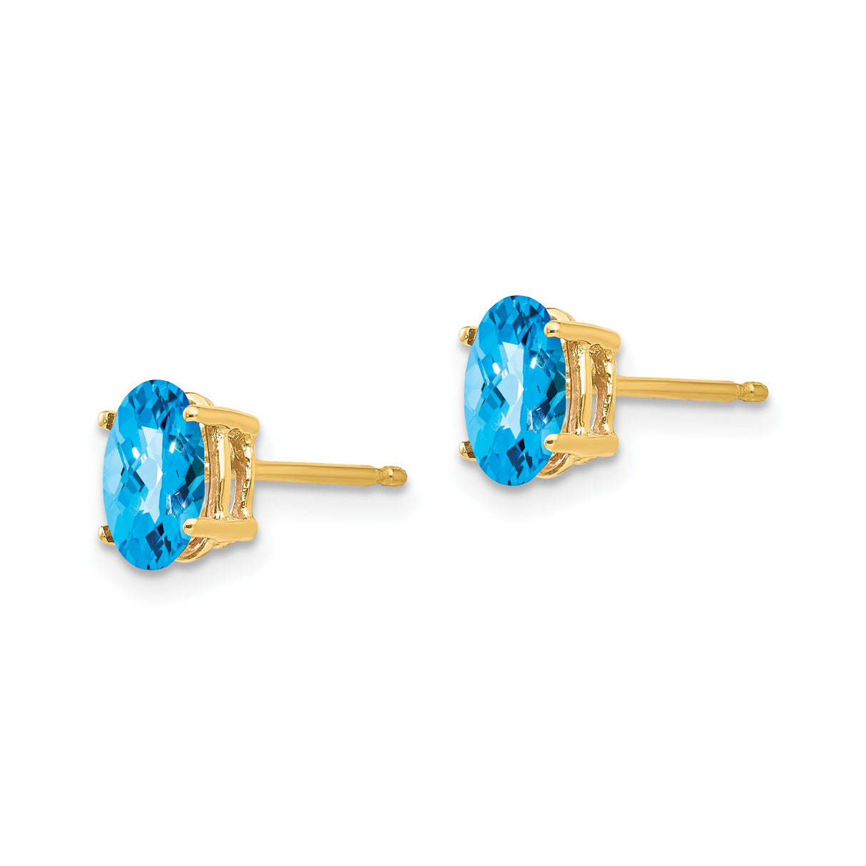 14k Yellow Gold Stud Earrings with Swiss Blue Topaz, Oval Cut, Four Prong Setting, December Birthstone