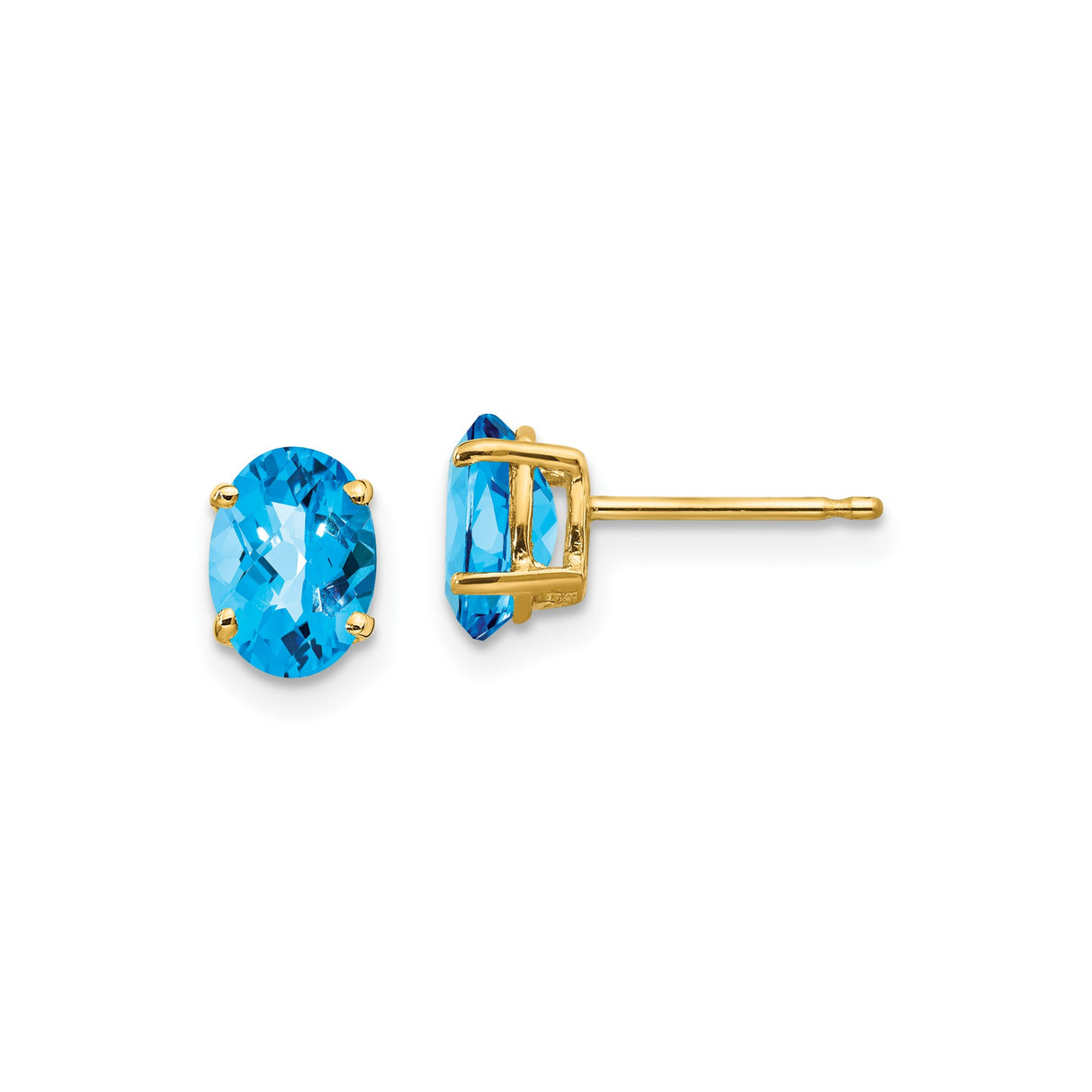 14k Yellow Gold Stud Earrings with Swiss Blue Topaz, Oval Cut, Four Prong Setting, December Birthstone