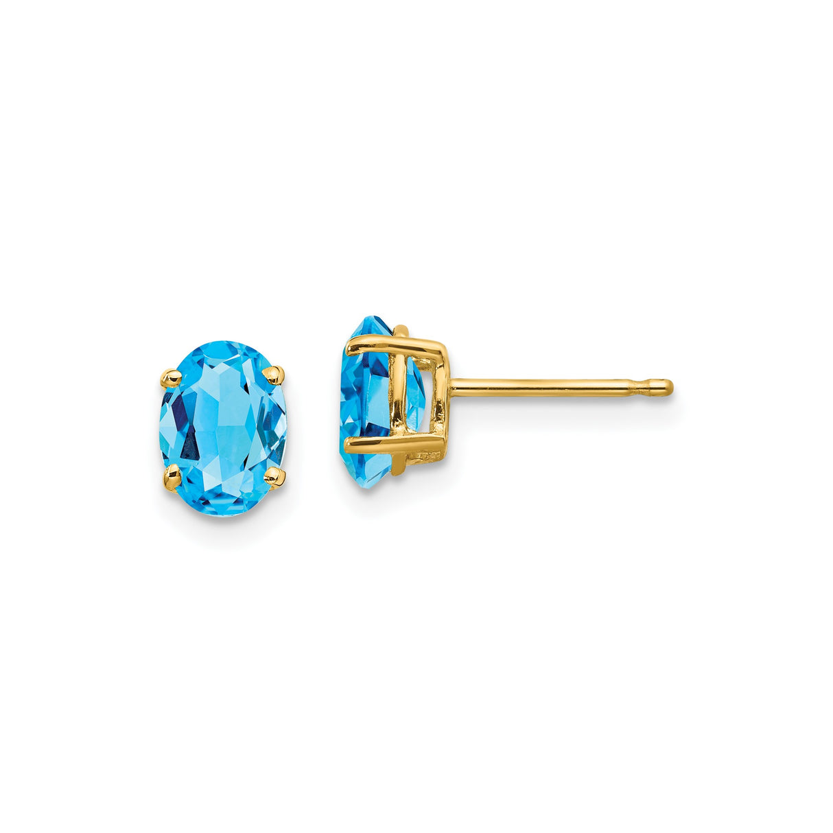 14k Yellow Gold Blue Topaz Oval Stud Earrings, Faceted Gemstone Classic Design for Women
