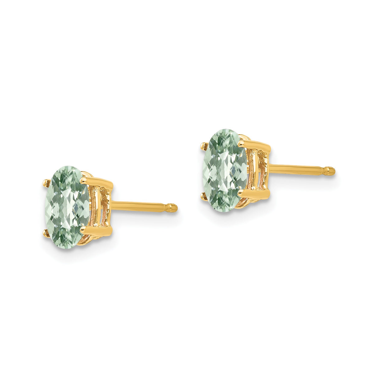 14k Yellow Gold Stud Earrings with Oval Cut Green Quartz, Minimalist Lightweight Design