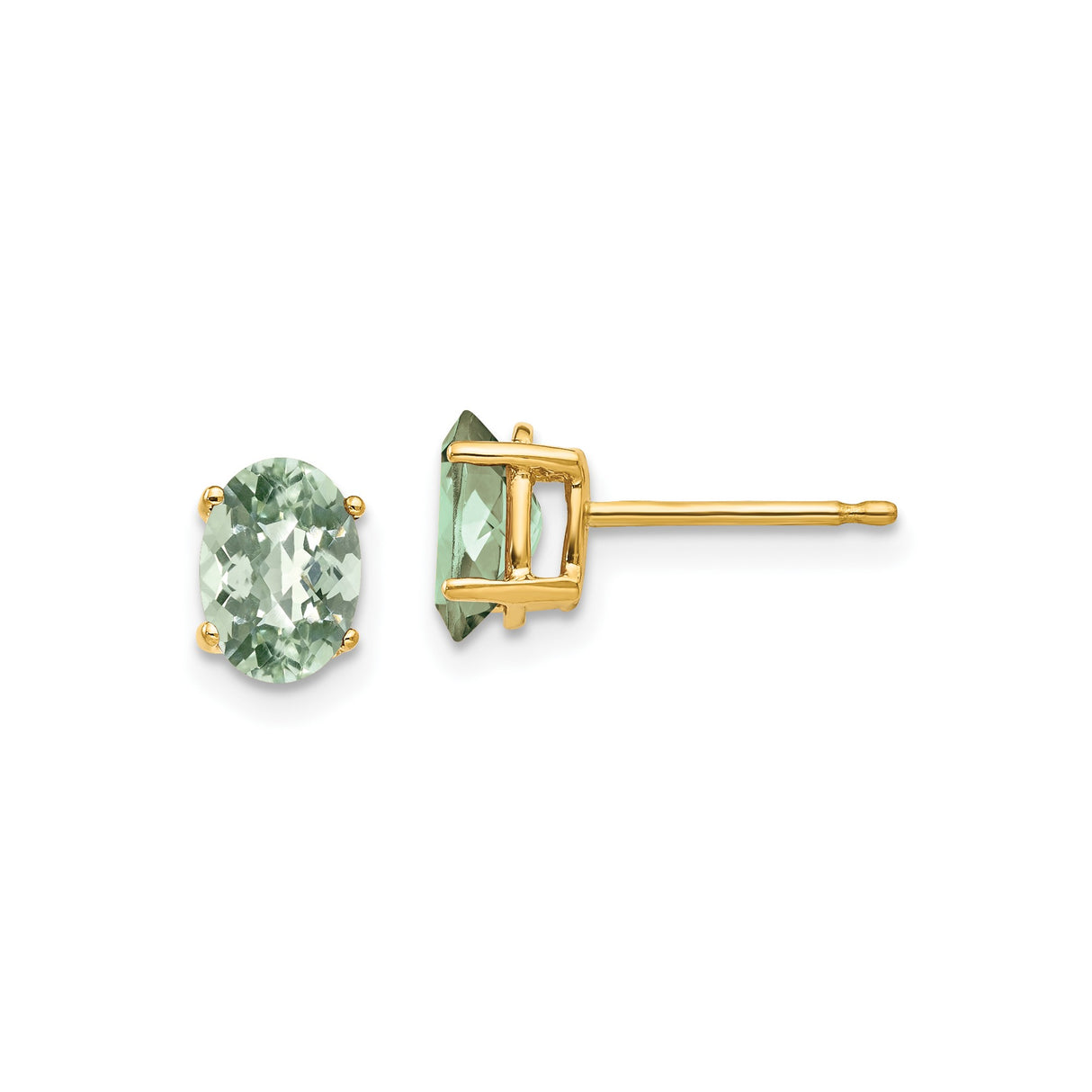 14k Yellow Gold Stud Earrings with Oval Cut Green Quartz, Minimalist Lightweight Design