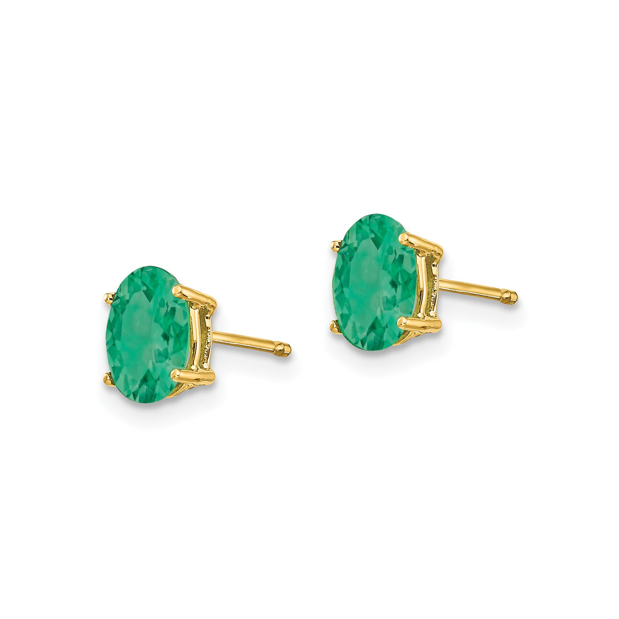 14k Yellow Gold Stud Earrings with Oval Cut Emerald in Four Prong Setting