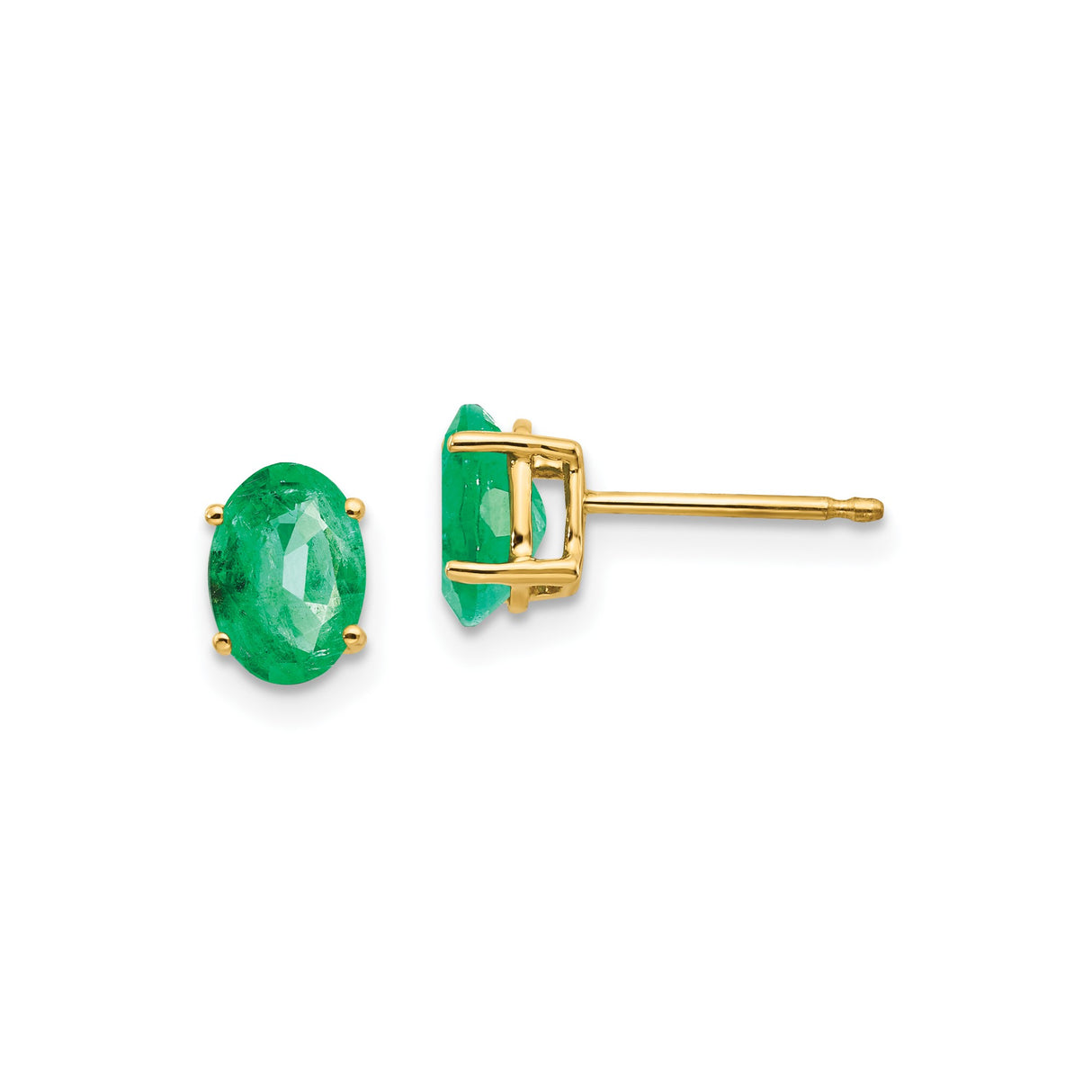 14k Yellow Gold Stud Earrings with Oval Cut Emerald in Four Prong Setting