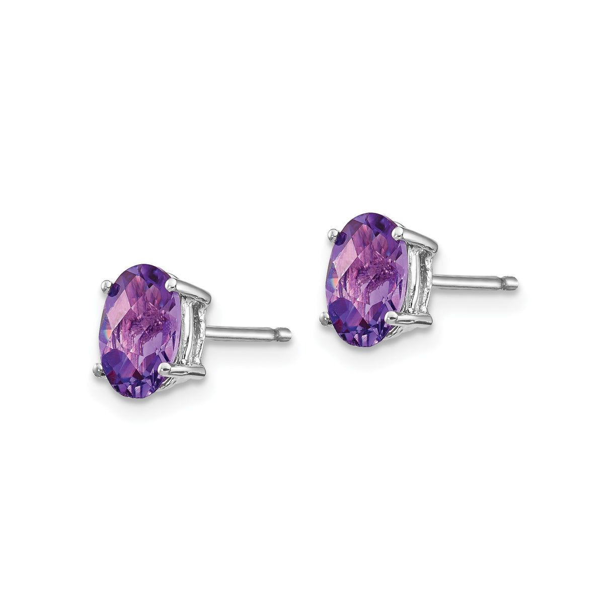 14k White Gold Amethyst Stud Earrings, Oval Faceted Gemstone Prong Set, February Birthstone Jewelry