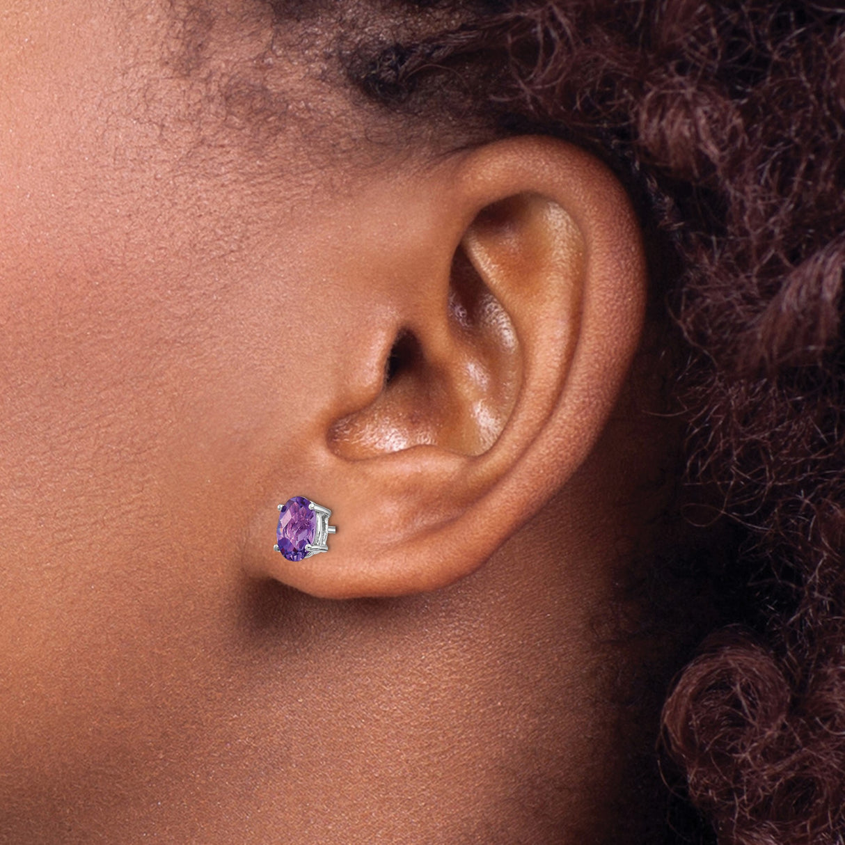 14k White Gold Amethyst Stud Earrings, Oval Faceted Gemstone Prong Set, February Birthstone Jewelry