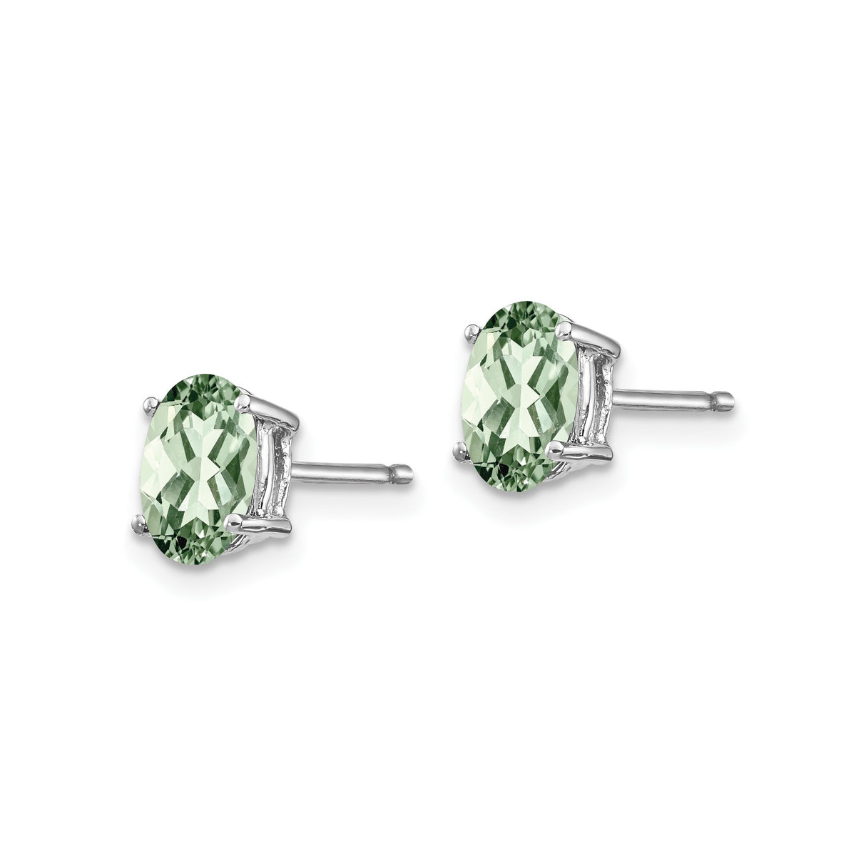 14k White Gold Oval Green Amethyst Stud Earrings, Prong Set Solitaire Design