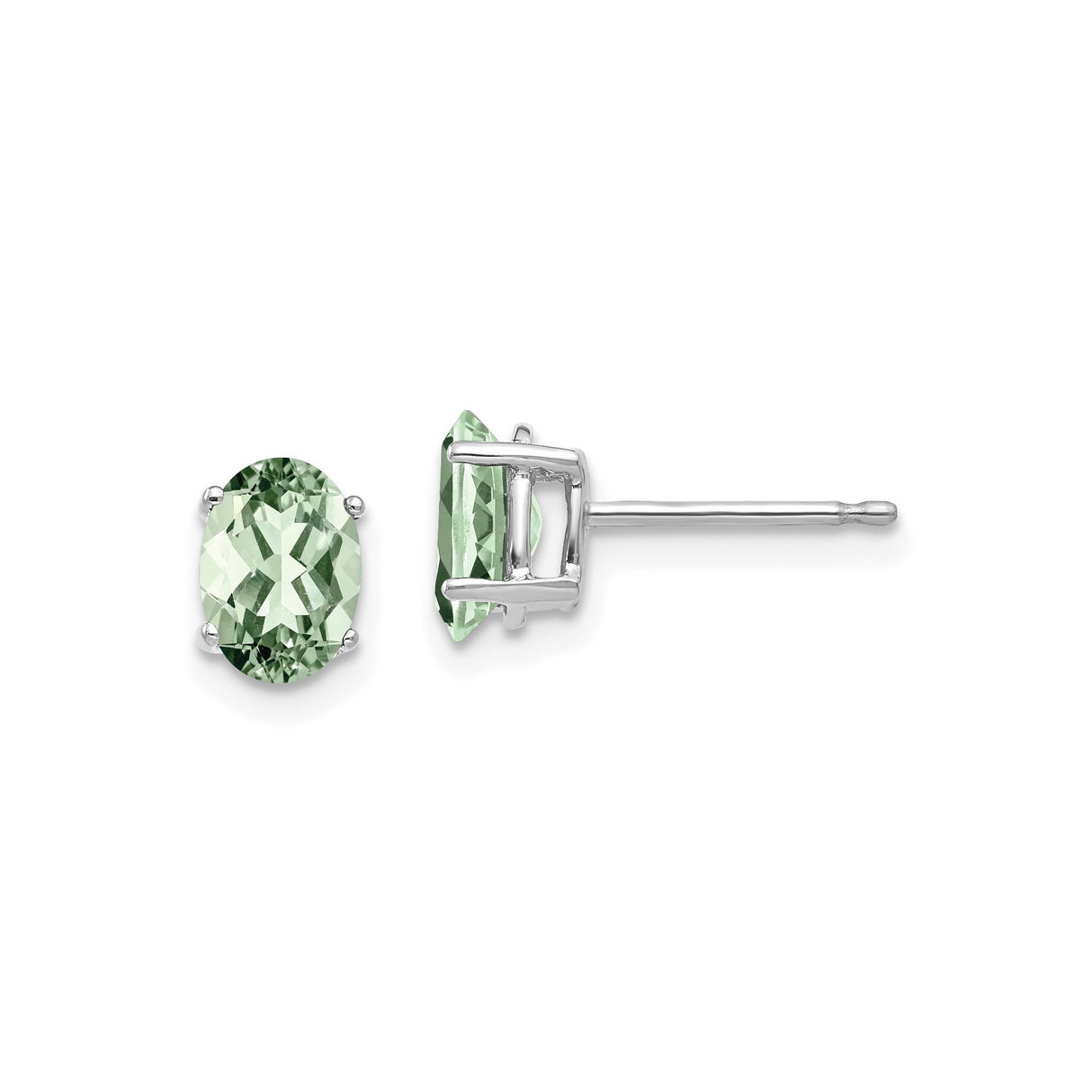 14k White Gold Oval Green Amethyst Stud Earrings, Prong Set Solitaire Design
