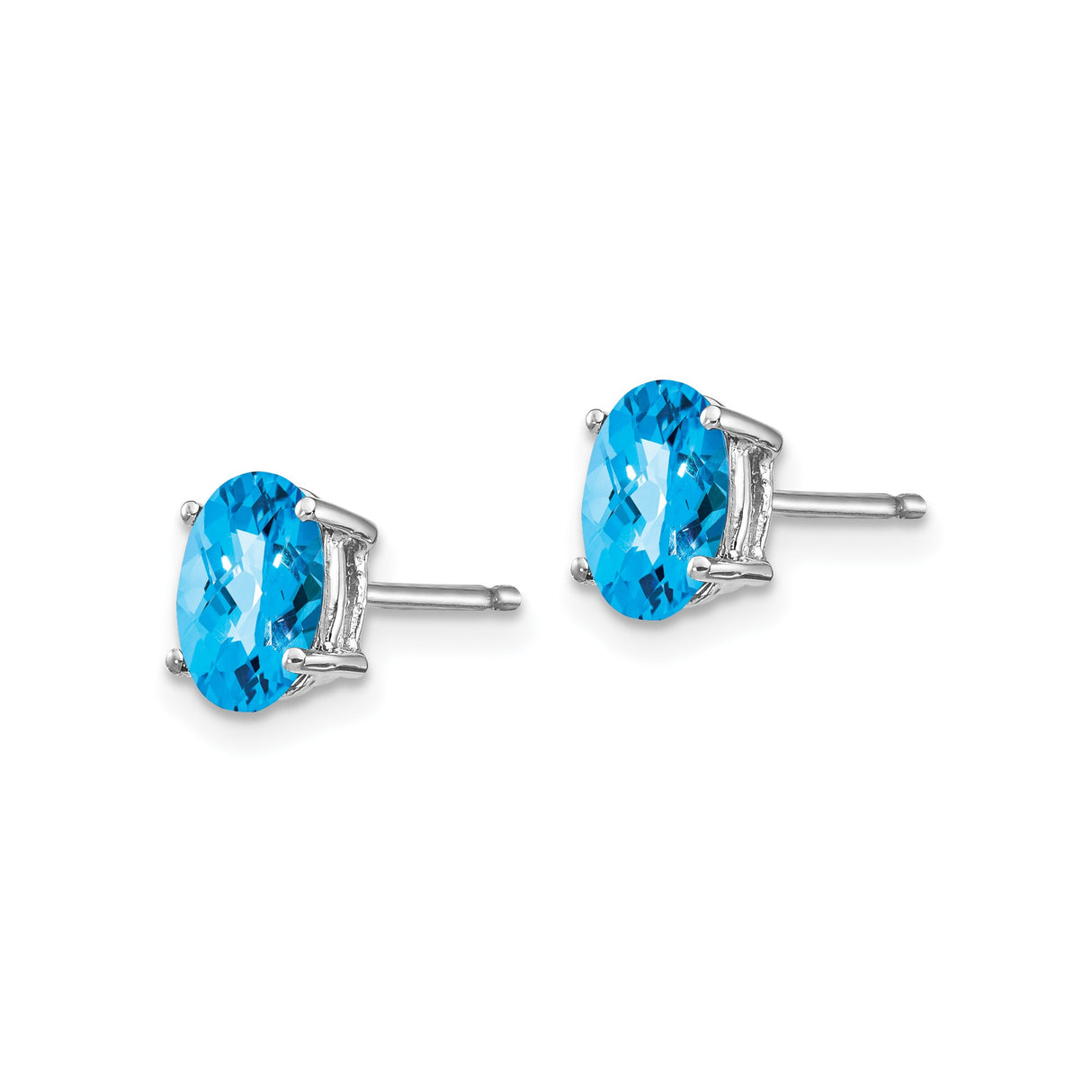 14k White Gold Stud Earrings with Oval Swiss Blue Topaz, Classic Lightweight Design