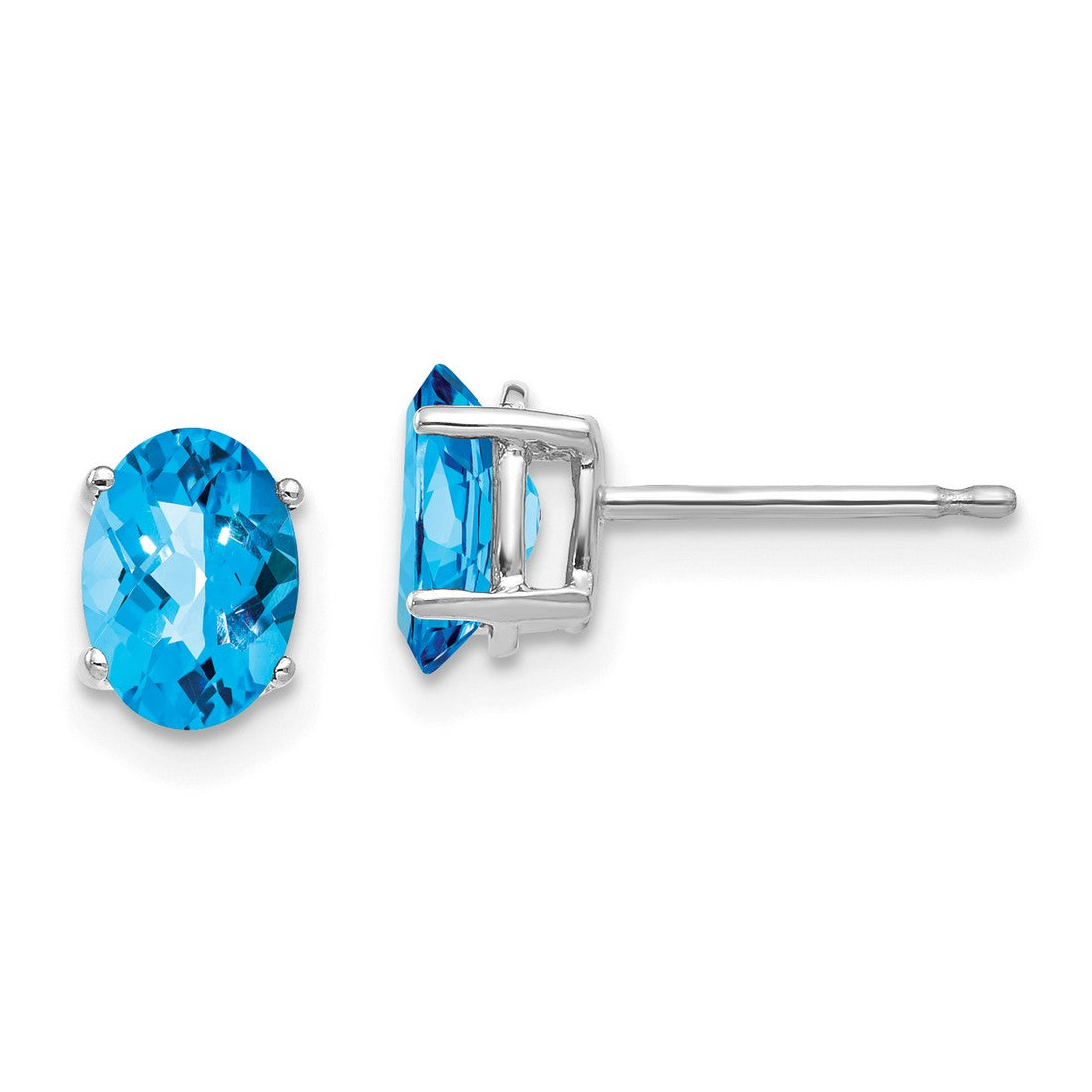 14k White Gold Stud Earrings with Oval Swiss Blue Topaz, Classic Lightweight Design