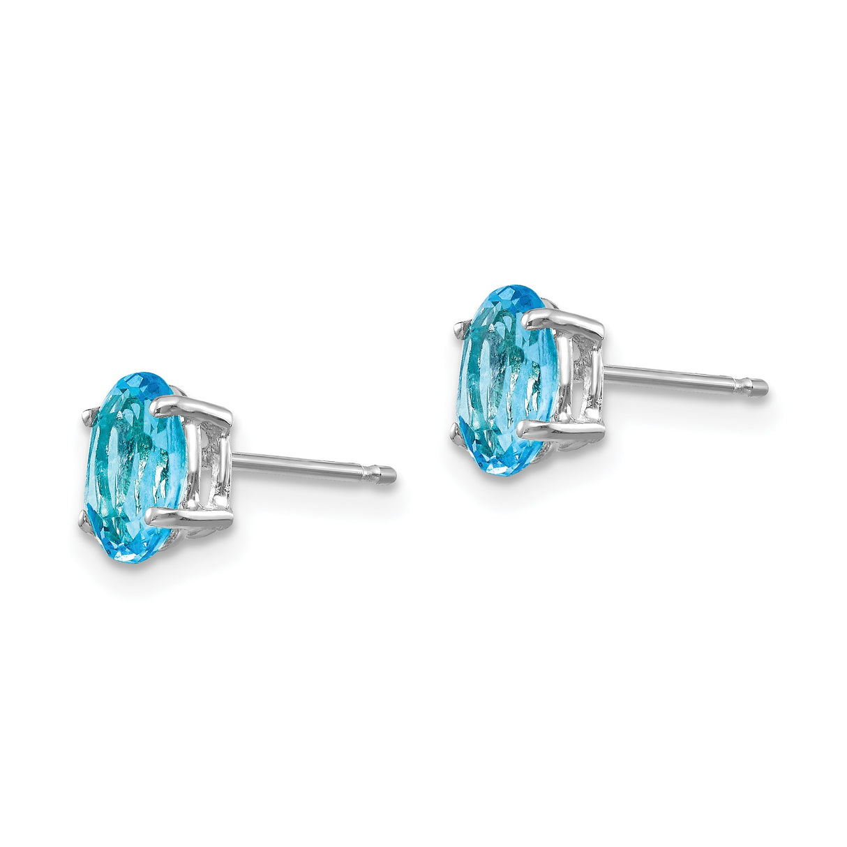 14k White Gold Blue Topaz Stud Earrings, Oval Faceted Gemstones in Prong Set Design
