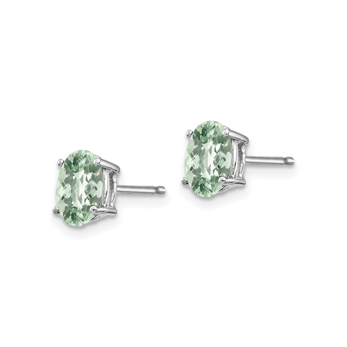 14k White Gold Stud Earrings with Oval Green Quartz, Checker Cut Minimalist Design