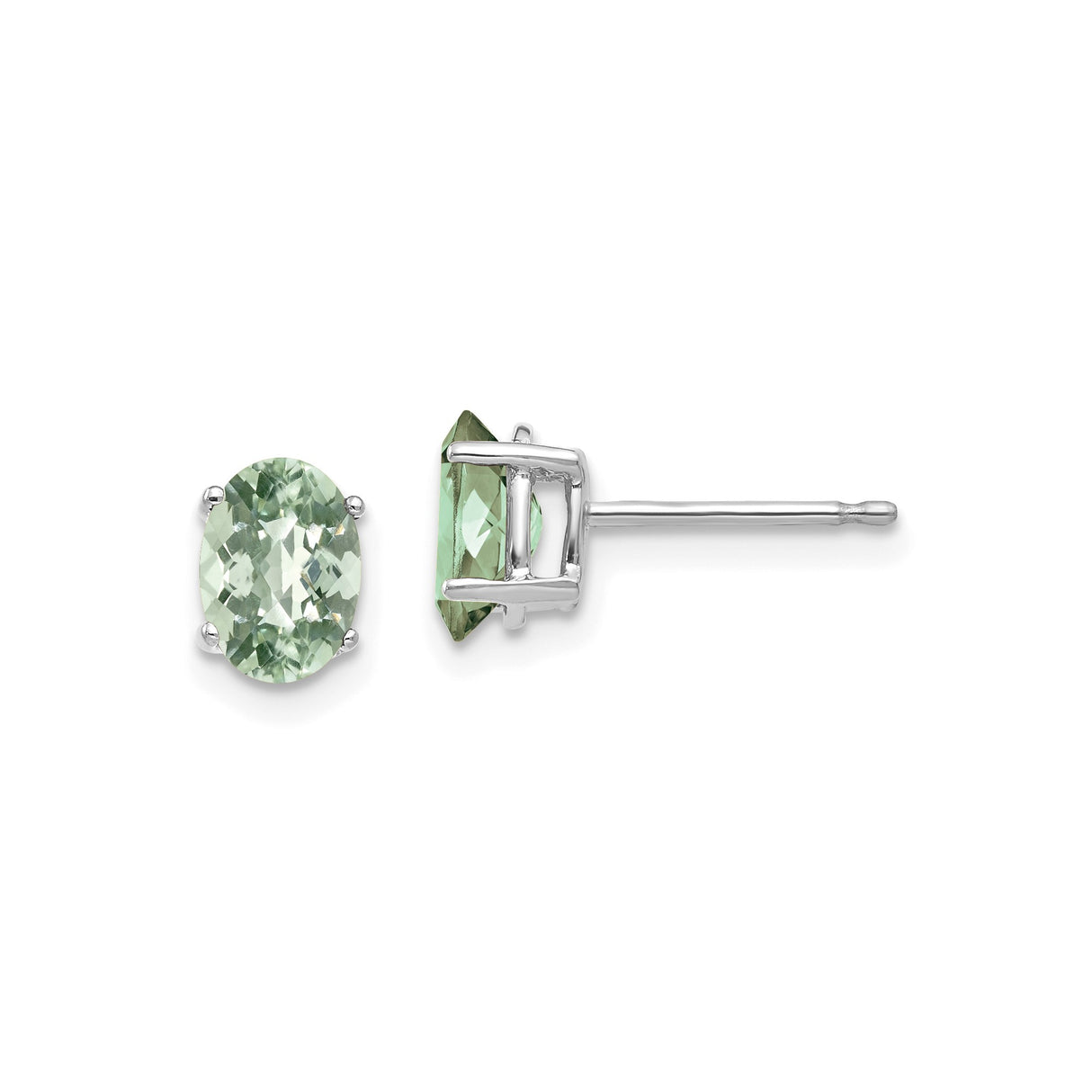 14k White Gold Stud Earrings with Oval Green Quartz, Checker Cut Minimalist Design