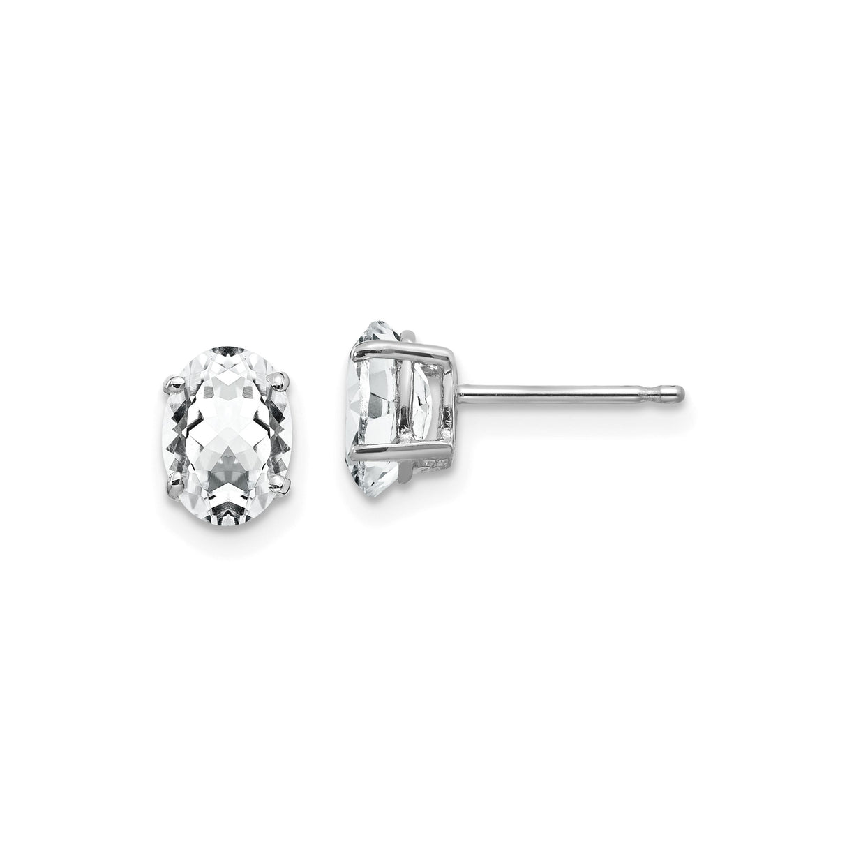 14k White Gold Oval Stud Earrings with Faceted Cubic Zirconia, Minimalist Design