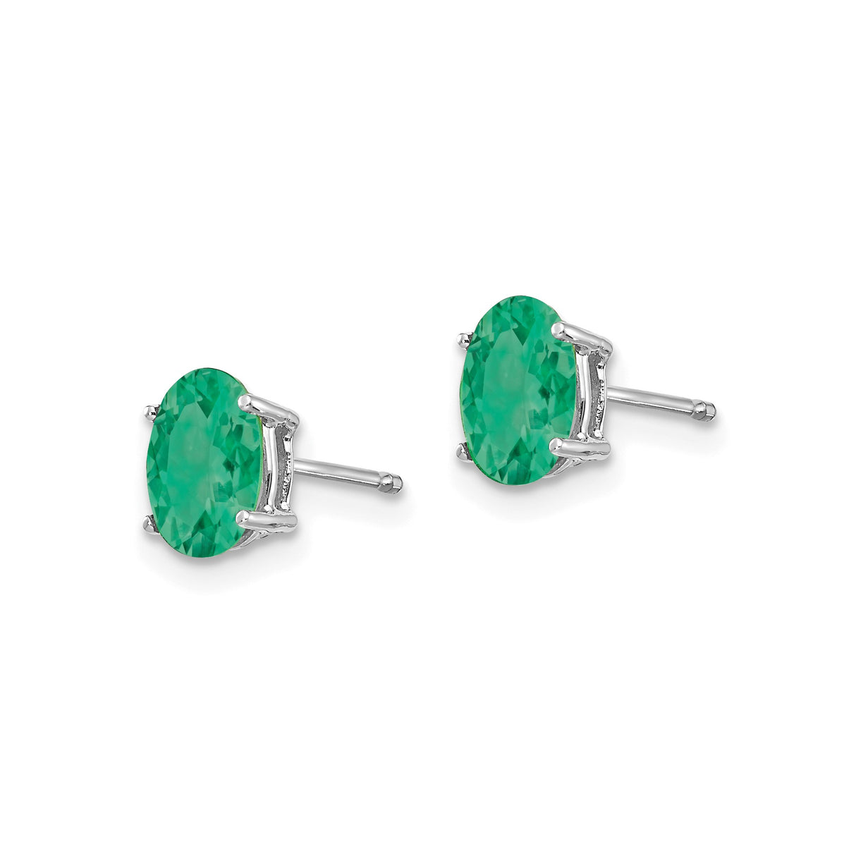 14k White Gold Emerald Stud Earrings with Oval Cut Gemstones in Four Prong Setting