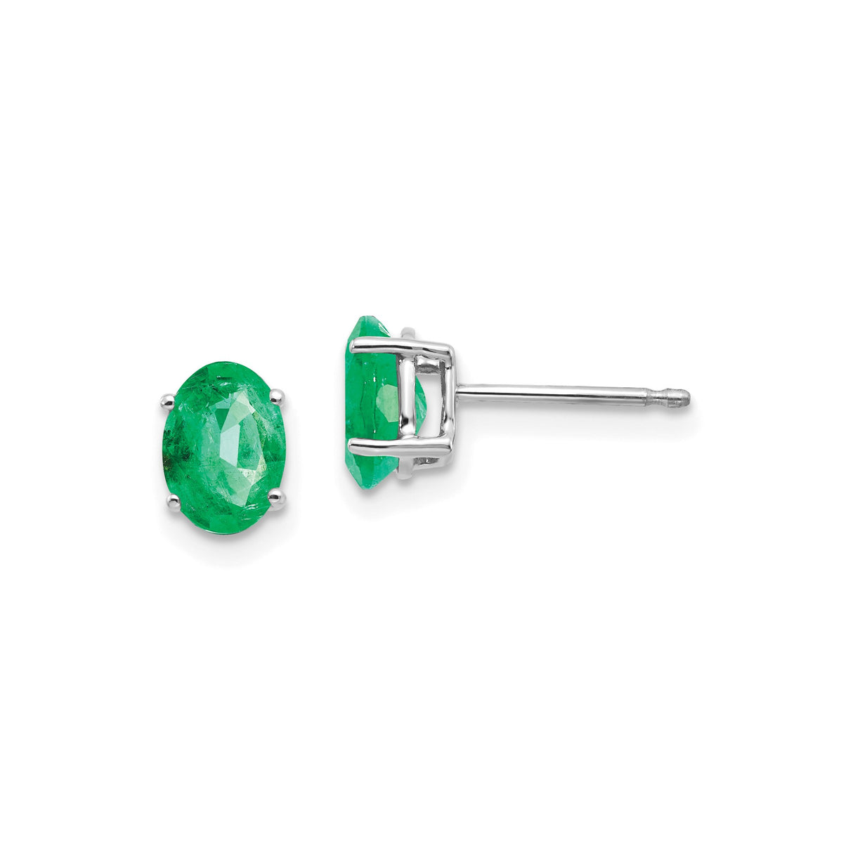 14k White Gold Emerald Stud Earrings with Oval Cut Gemstones in Four Prong Setting