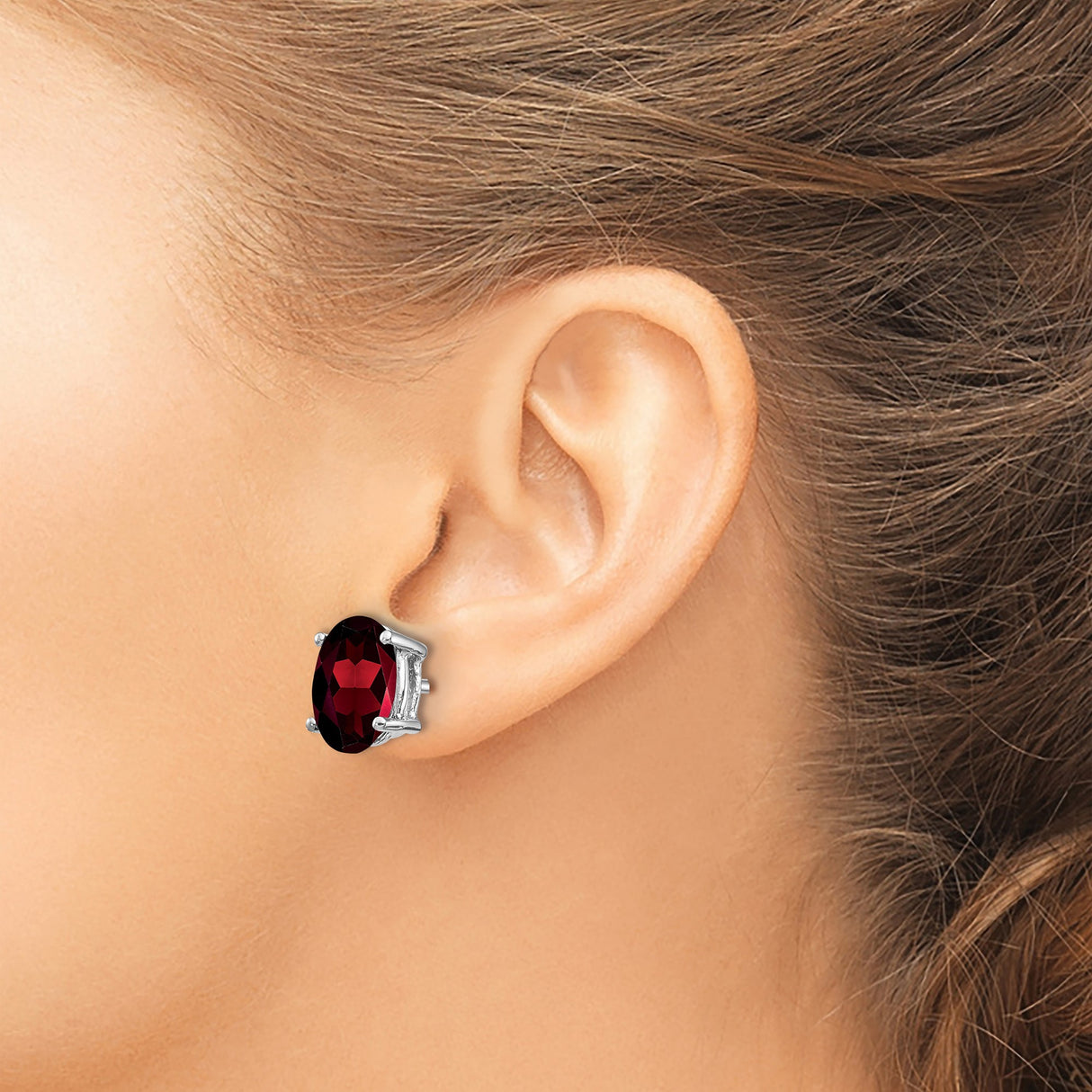 14k White Gold Stud Earrings with Oval Garnet in Four Prong Setting