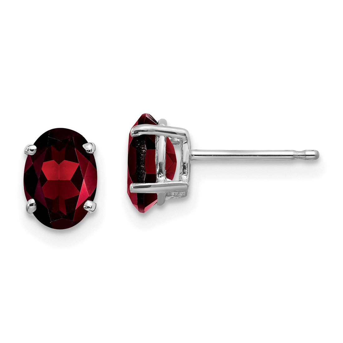 14k White Gold Stud Earrings with Oval Garnet in Four Prong Setting