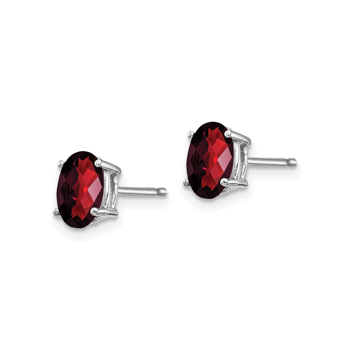 14k White Gold Garnet Stud Earrings, Oval Cut, Classic Four-Prong Setting