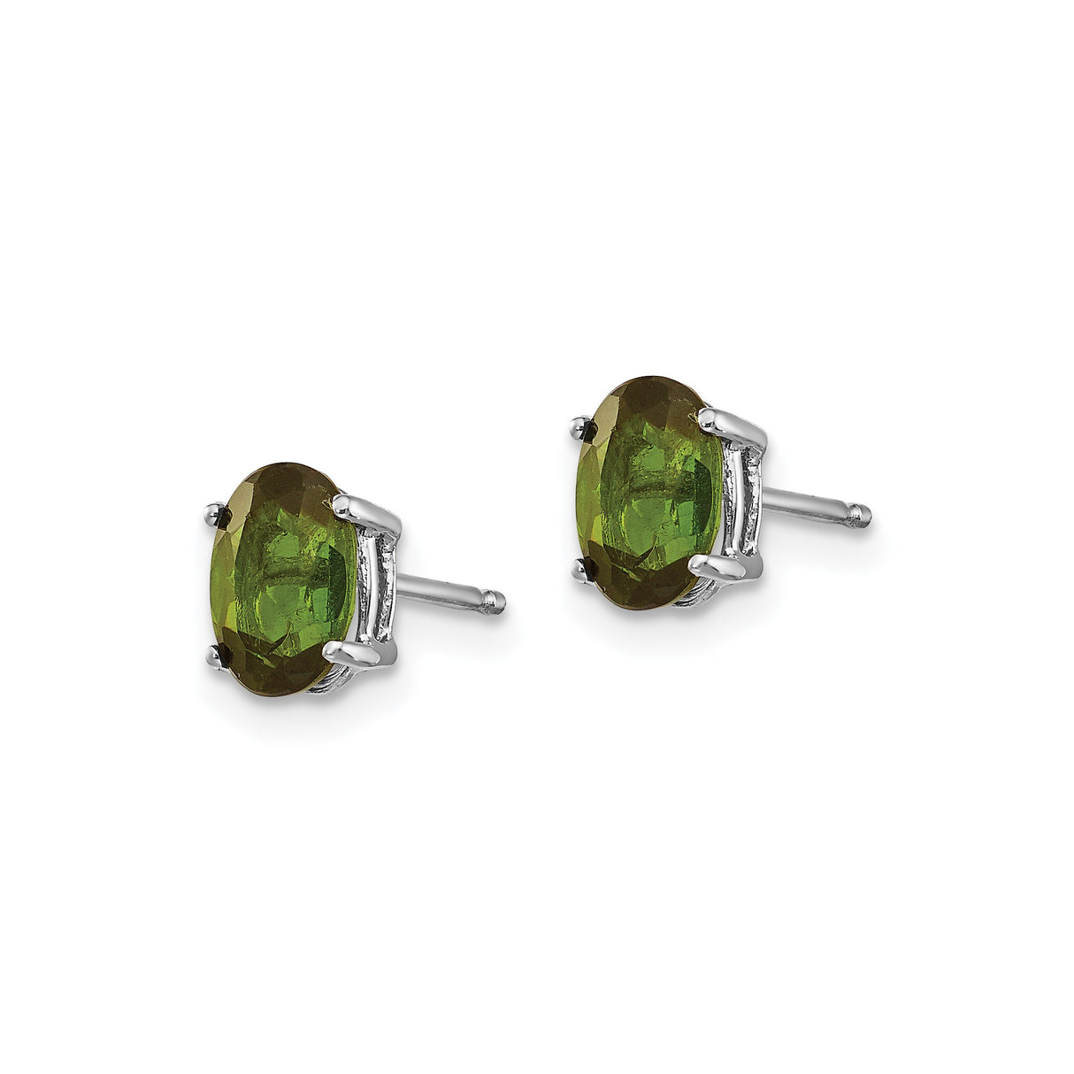 14k White Gold Stud Earrings with Oval Green Tourmaline, Prong Set Minimalist Design