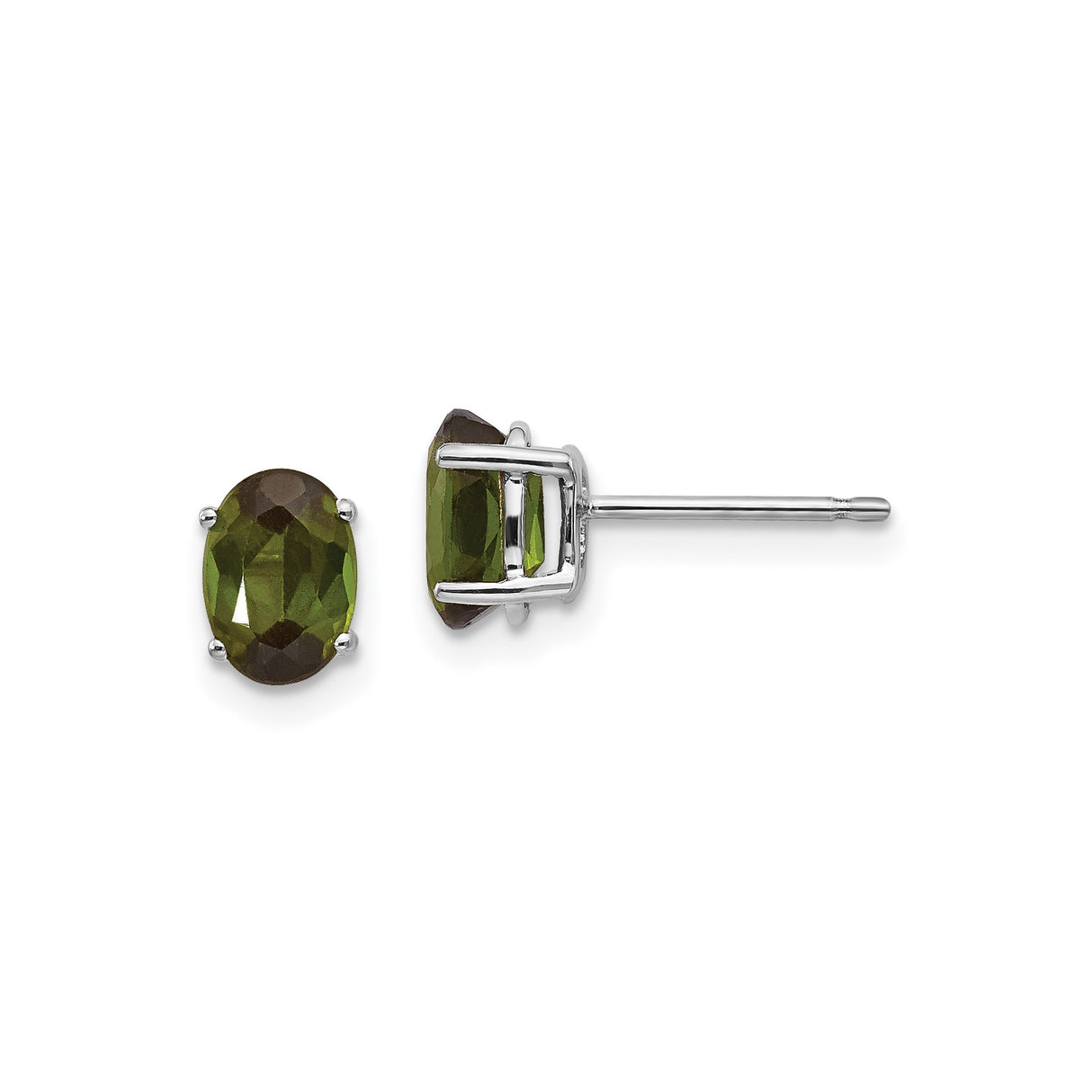 14k White Gold Stud Earrings with Oval Green Tourmaline, Prong Set Minimalist Design