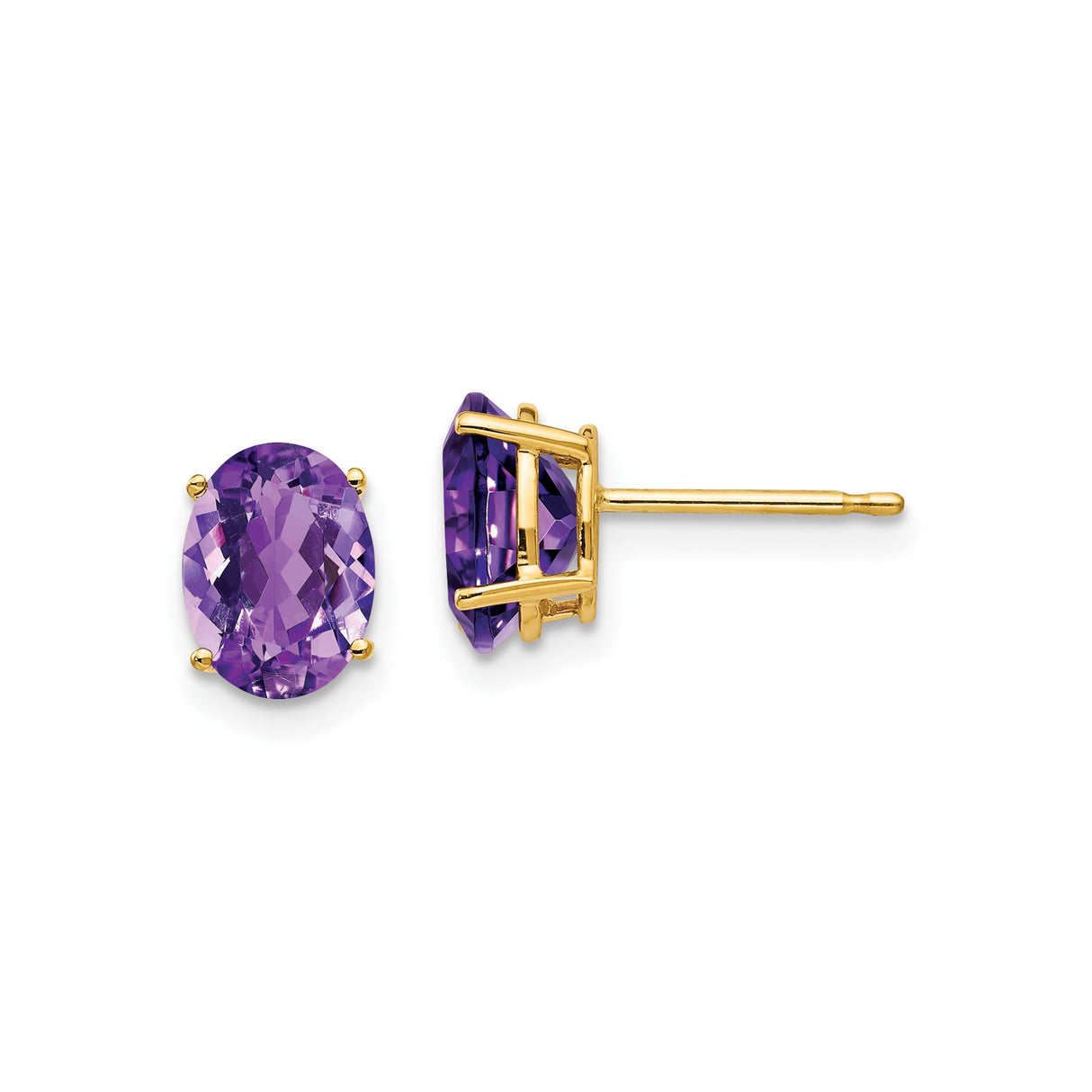 14k Yellow Gold Stud Earrings with Oval Amethyst, Four-Prong Setting, February Birthstone for Women