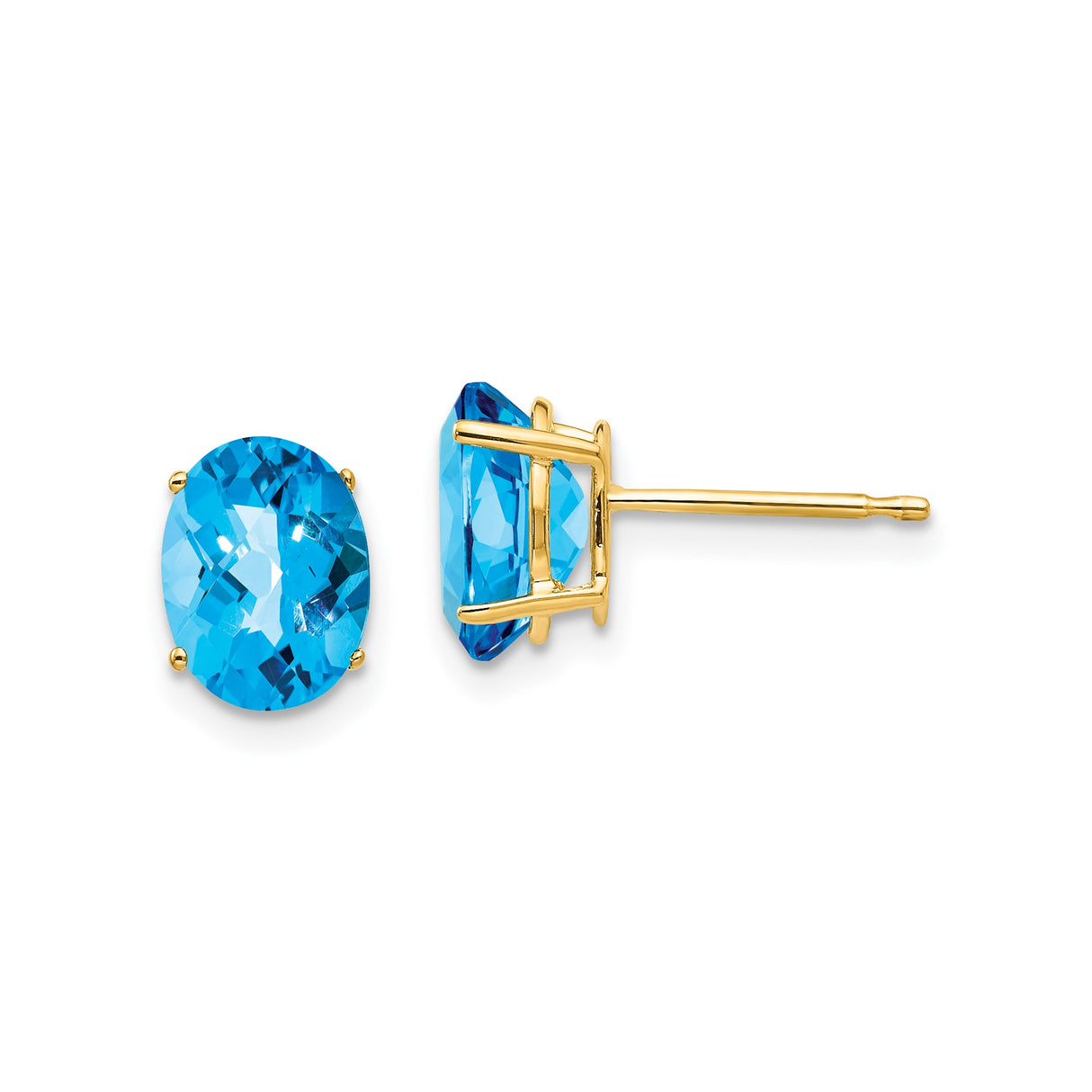 14k Yellow Gold Stud Earrings with Oval Swiss Blue Topaz, Classic December Birthstone Jewelry