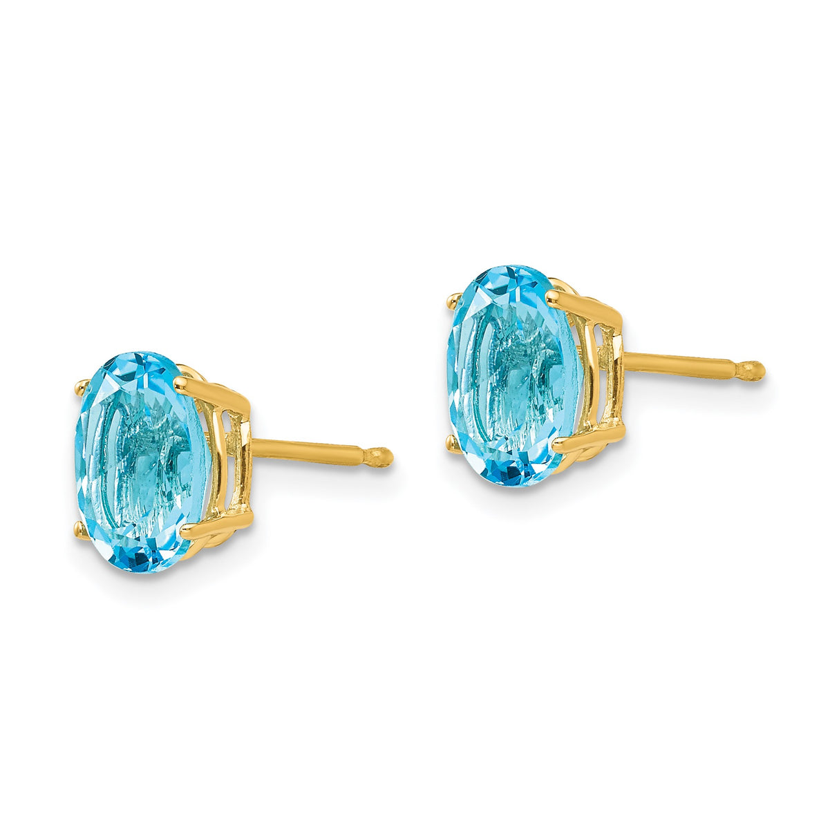 14k Yellow Gold Stud Earrings with Swiss Blue Topaz, Minimalist Oval Design for Women
