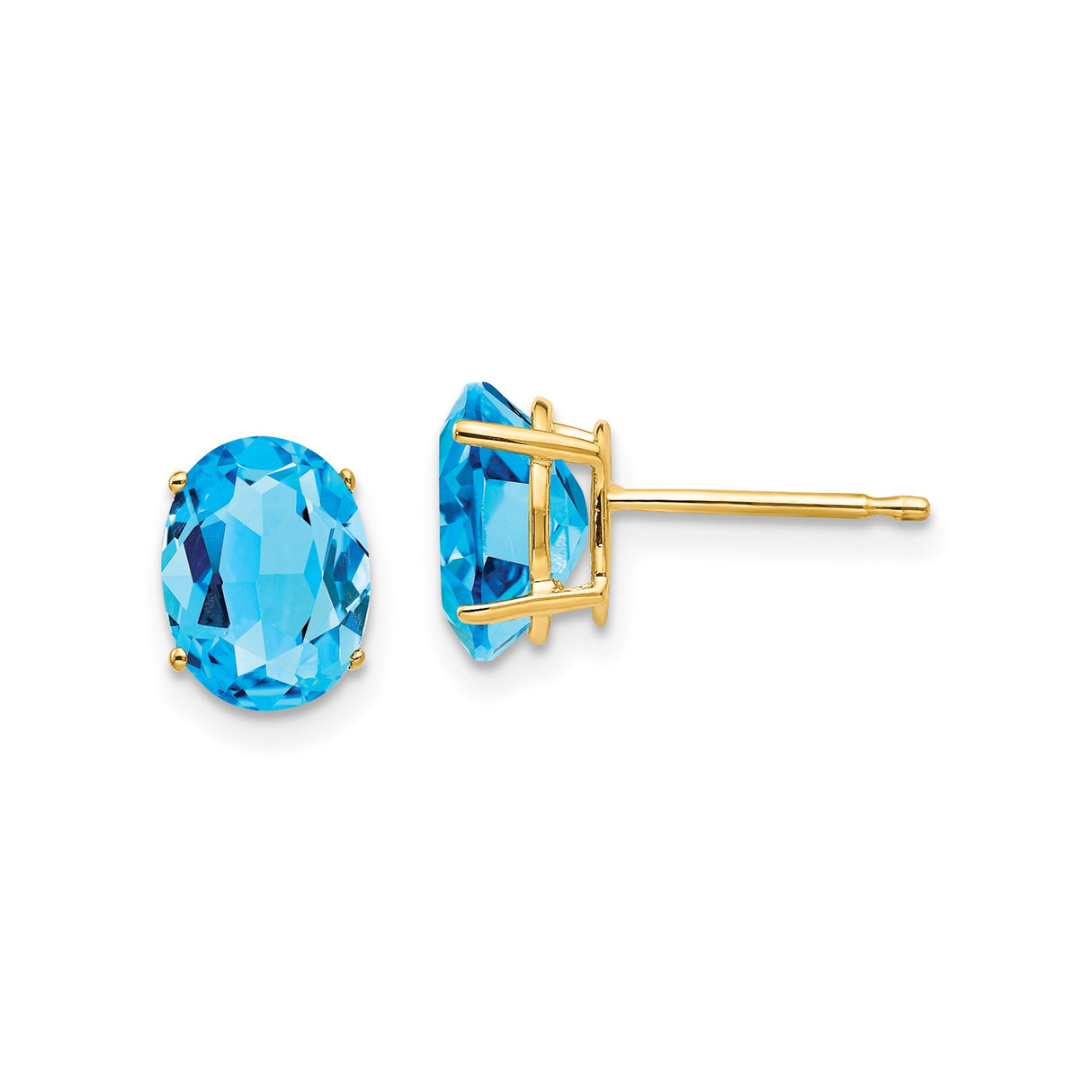 14k Yellow Gold Stud Earrings with Swiss Blue Topaz, Minimalist Oval Design for Women
