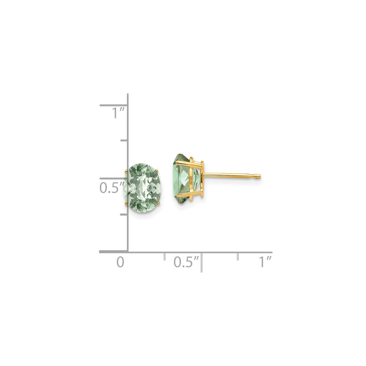 14k Yellow Gold Stud Earrings with Oval Green Quartz, Prong Set Minimalist Design for Women