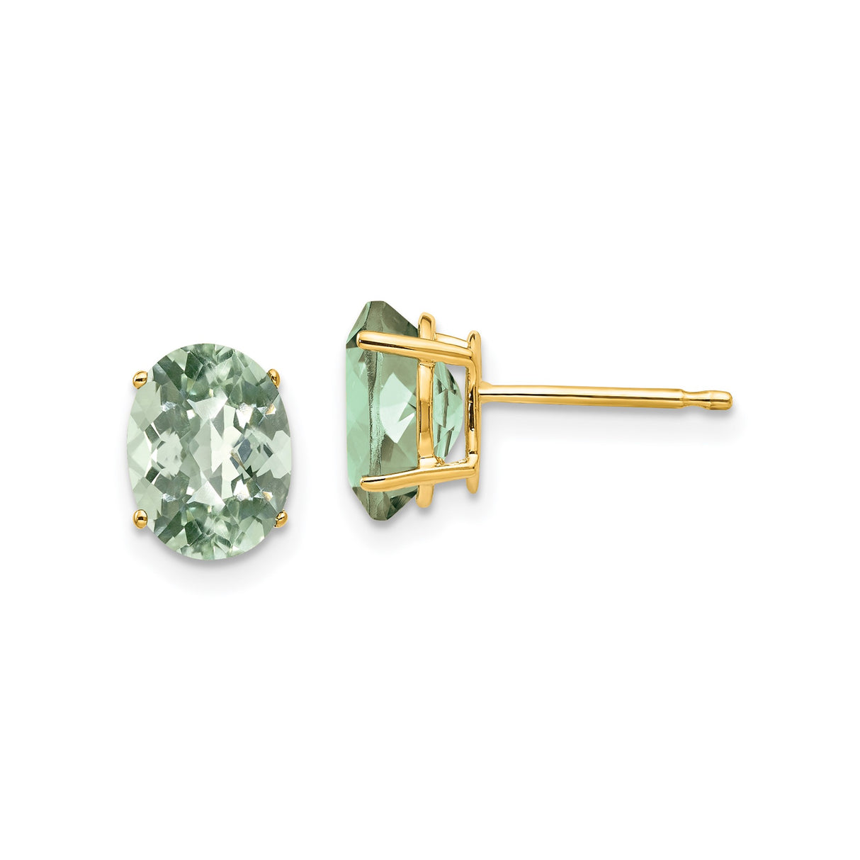 14k Yellow Gold Stud Earrings with Oval Green Quartz, Prong Set Minimalist Design for Women