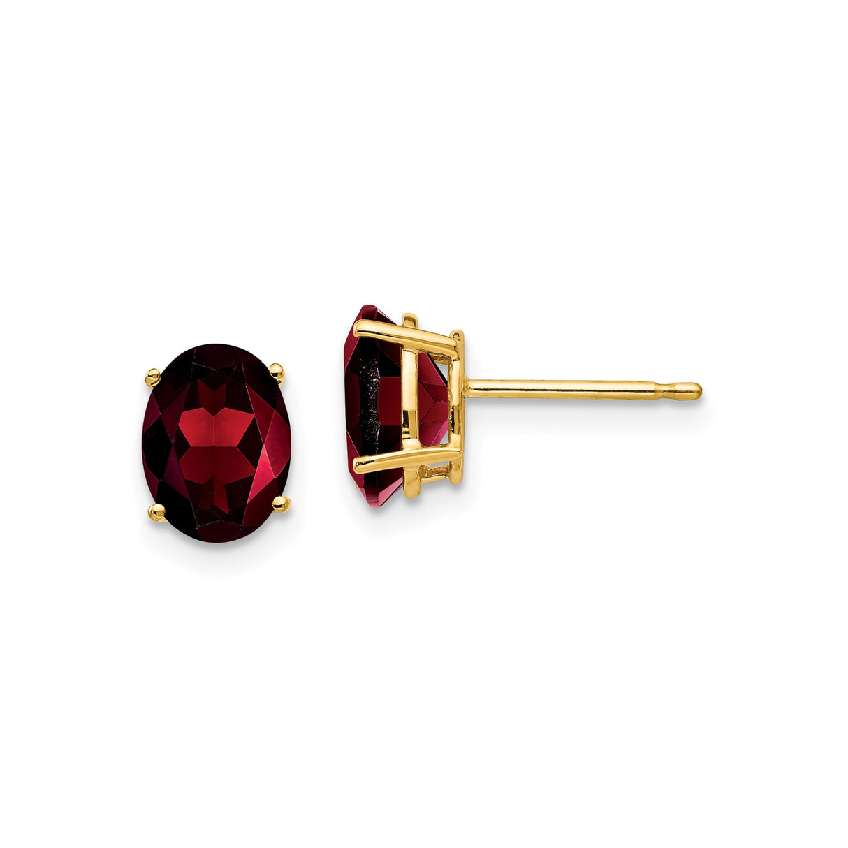 14k Yellow Gold Stud Earrings with Garnet Oval Cut, Four Prong Setting, January Birthstone Jewelry