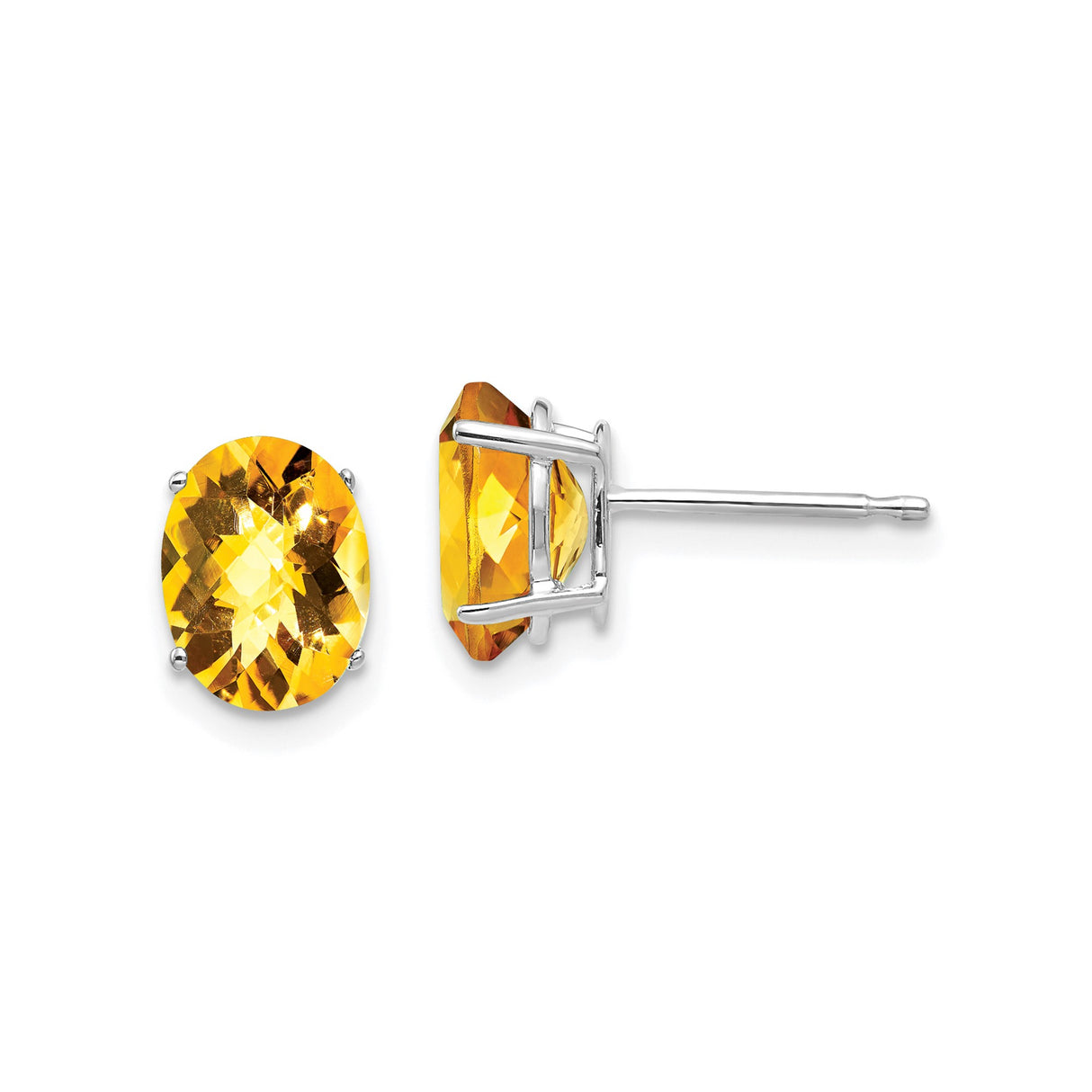 14k White Gold Citrine Stud Earrings, Oval Faceted Gemstone in Four-Prong Setting