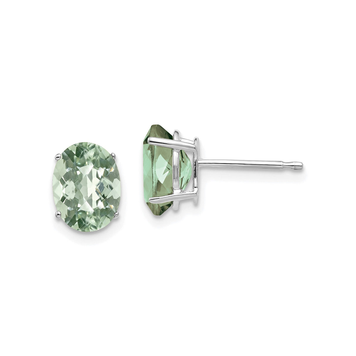 14k White Gold Stud Earrings with Oval Green Amethyst, Minimalist Design for Women