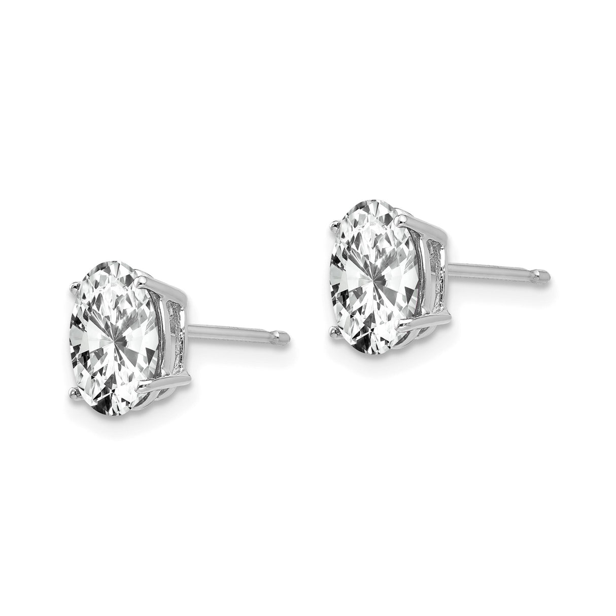 14k White Gold Stud Earrings with Oval Cut Cubic Zirconia, Four Prong Setting, Polished Finish