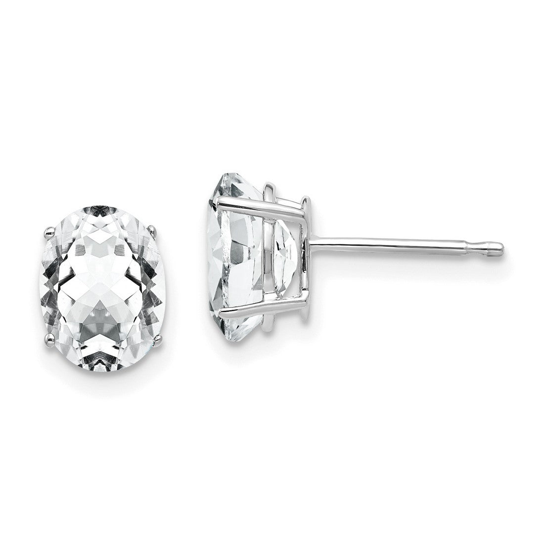 14k White Gold Stud Earrings with Oval Cut Cubic Zirconia, Four Prong Setting, Polished Finish
