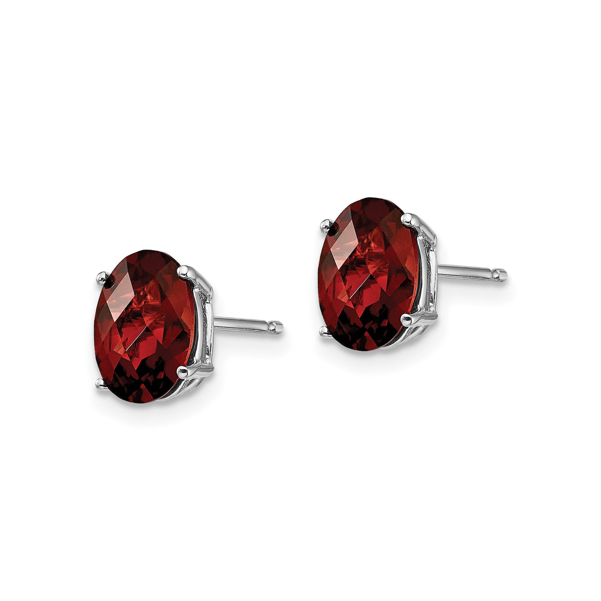 14k White Gold Garnet Stud Earrings, Oval Deep Red Gemstone in Classic Four-Prong Setting