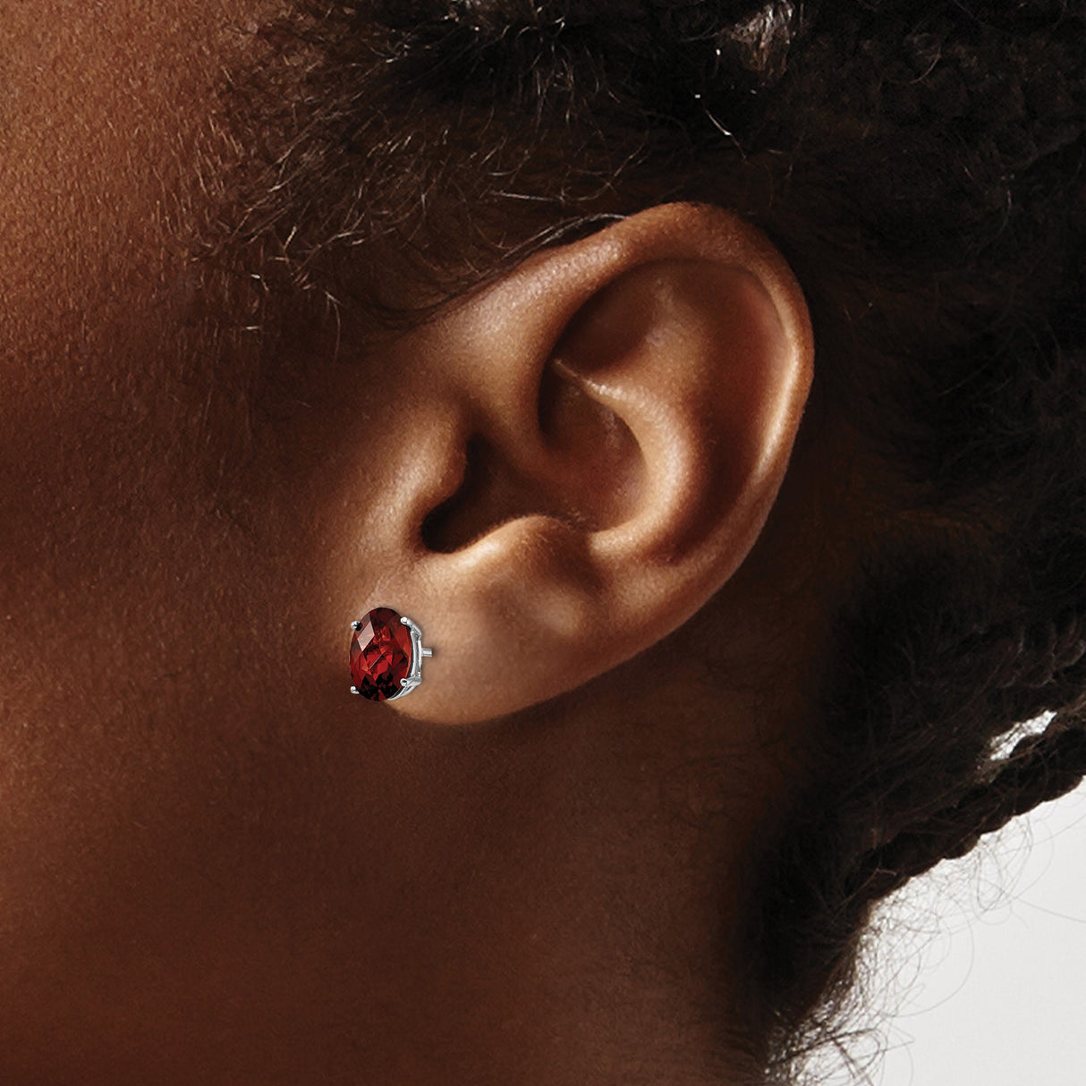 14k White Gold Garnet Stud Earrings, Oval Deep Red Gemstone in Classic Four-Prong Setting