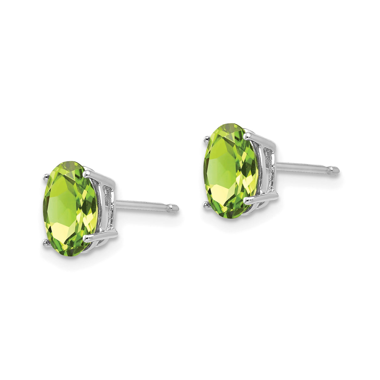 14k White Gold Peridot Stud Earrings, Oval Faceted Gemstones, Classic Four-Prong Setting