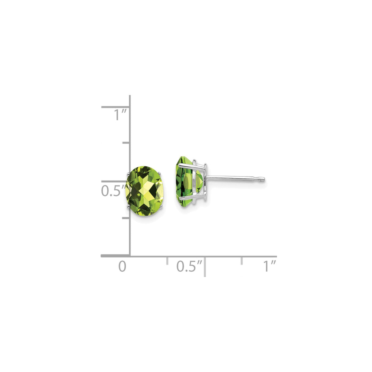 14k White Gold Peridot Stud Earrings, Oval Faceted Gemstones, Classic Four-Prong Setting
