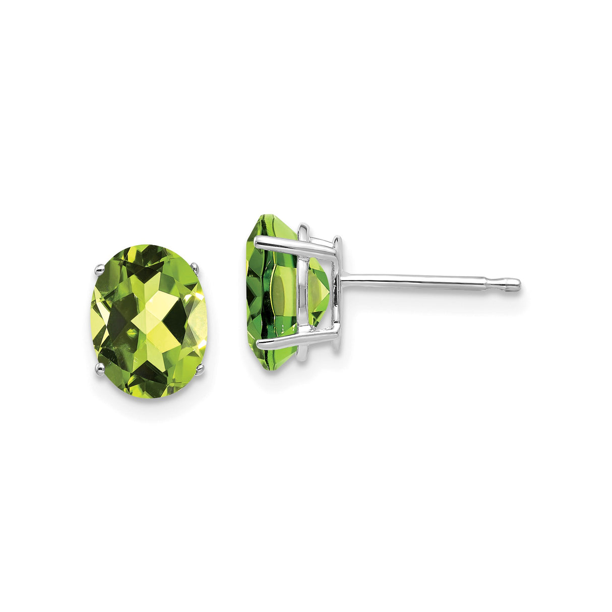 14k White Gold Peridot Stud Earrings, Oval Faceted Gemstones, Classic Four-Prong Setting
