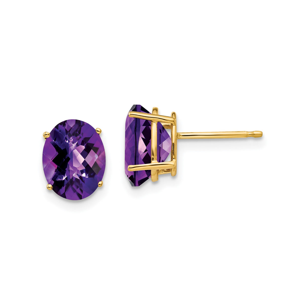 14k Yellow Gold Stud Earrings with Oval Amethyst, Classic Purple Gemstone Jewelry for Women